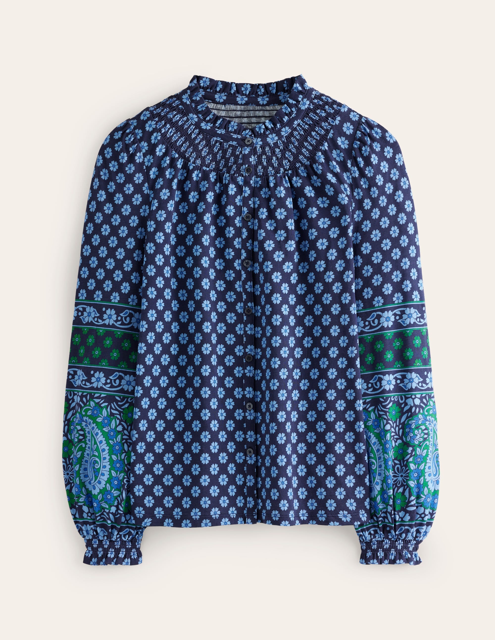 Fay Smocked Jersey Shirt-Dawn Blue, Paisley Posy - Image 5