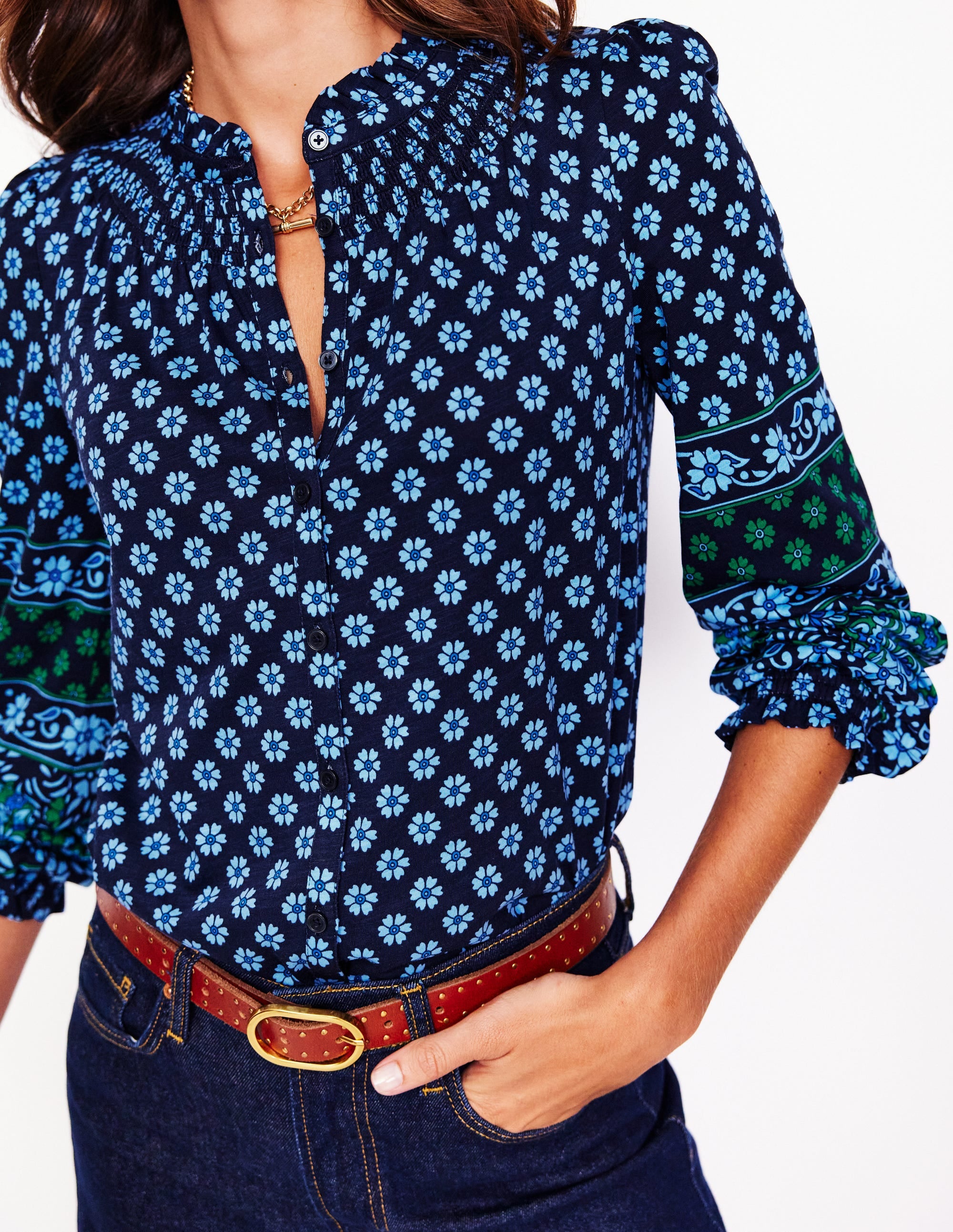 Fay Smocked Jersey Shirt-Dawn Blue, Paisley Posy - Image 2