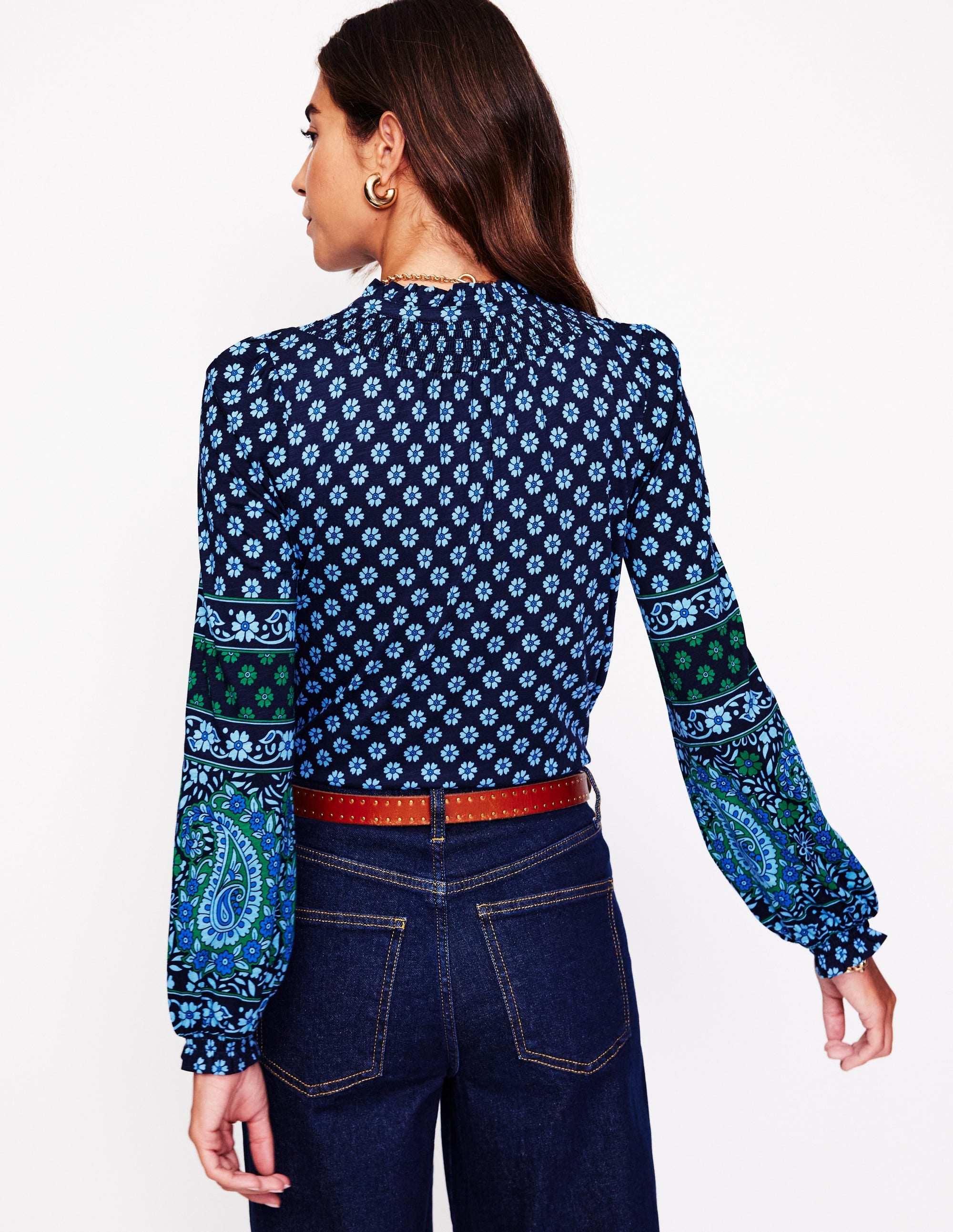 Fay Smocked Jersey Shirt-Dawn Blue, Paisley Posy - Image 3