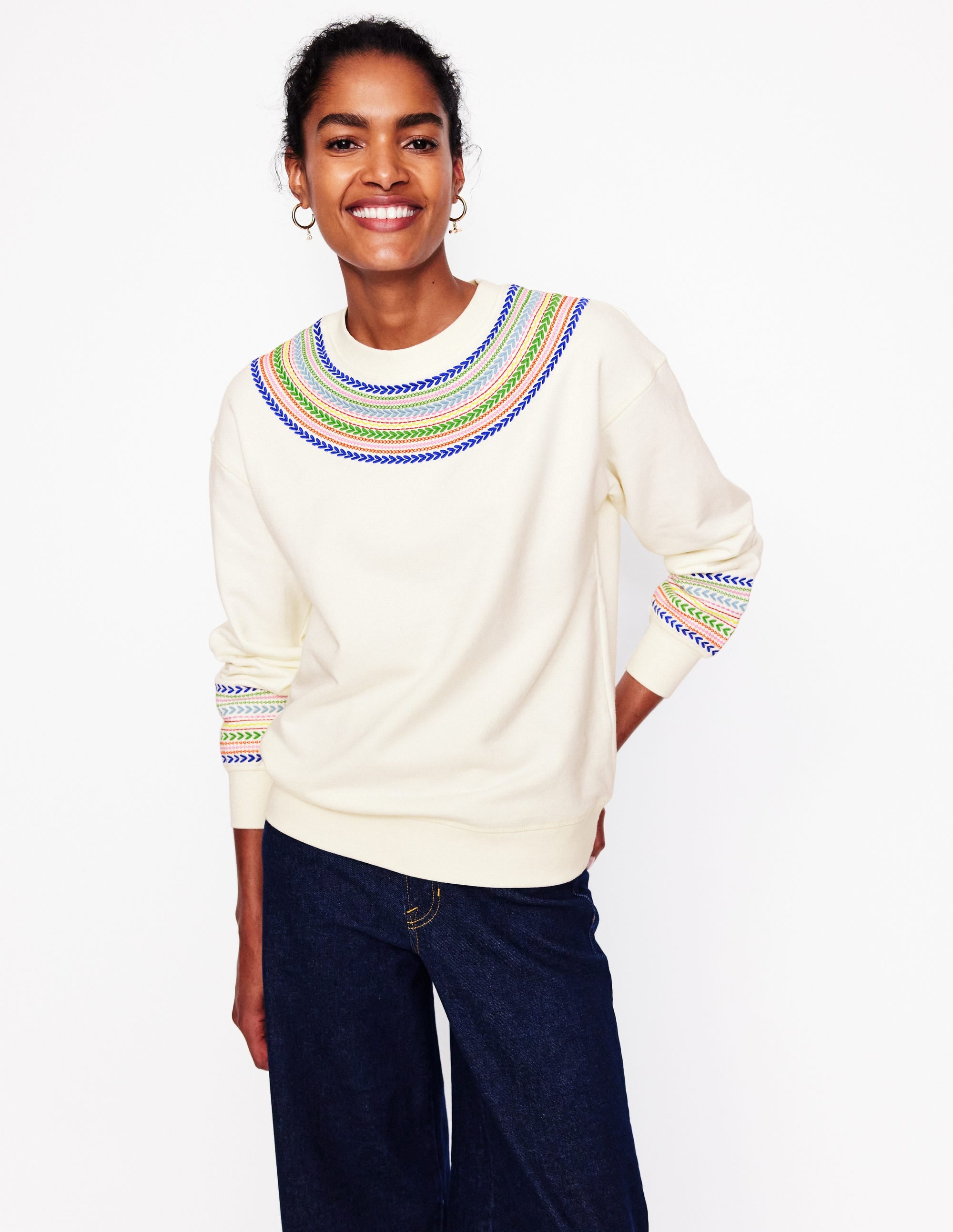 Emi Embroidered Sweatshirt-Ivory, Multi Fairisle - Image 1