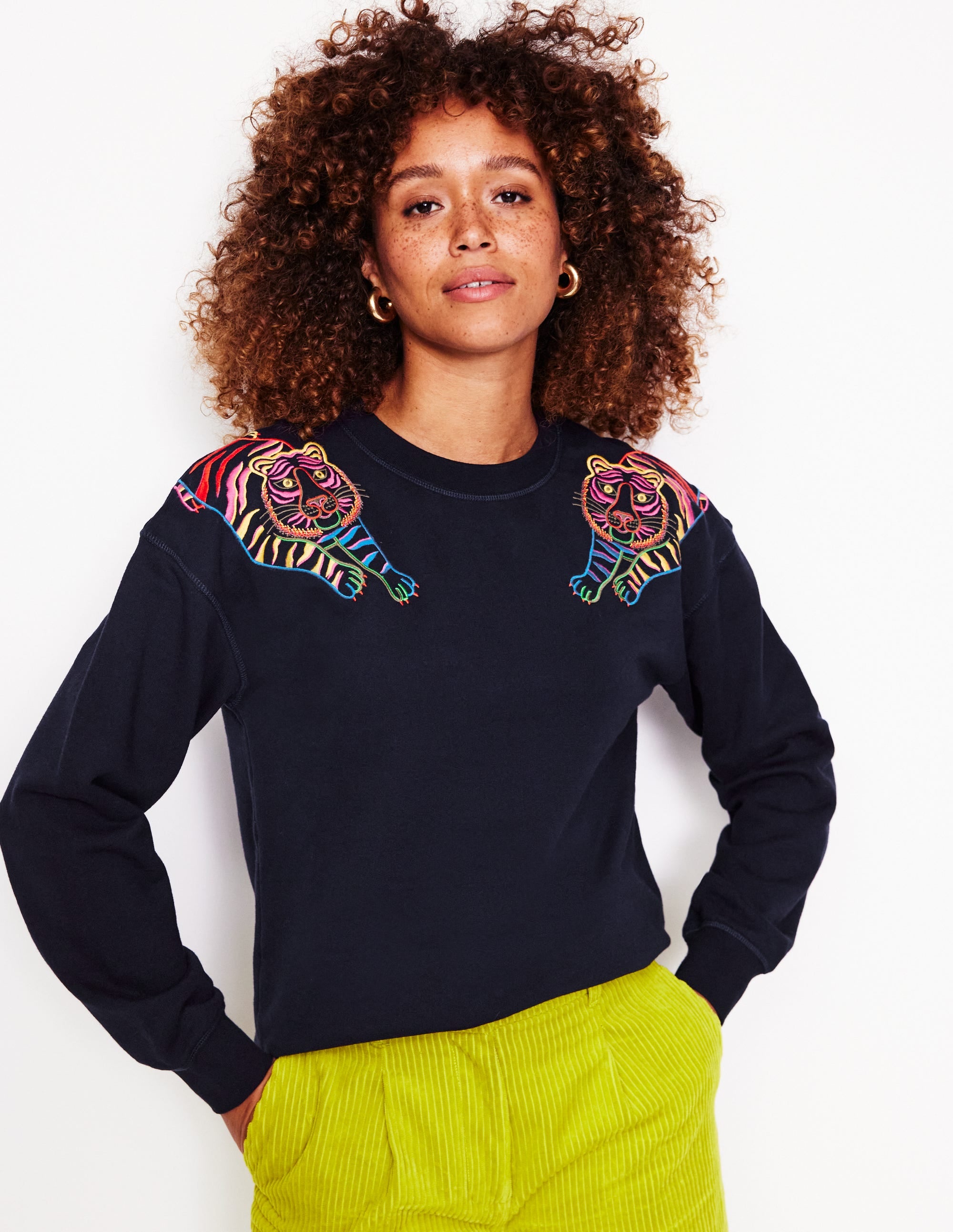 Emi Embroidered Sweatshirt-Navy, Tiger Embroidery - Image 2