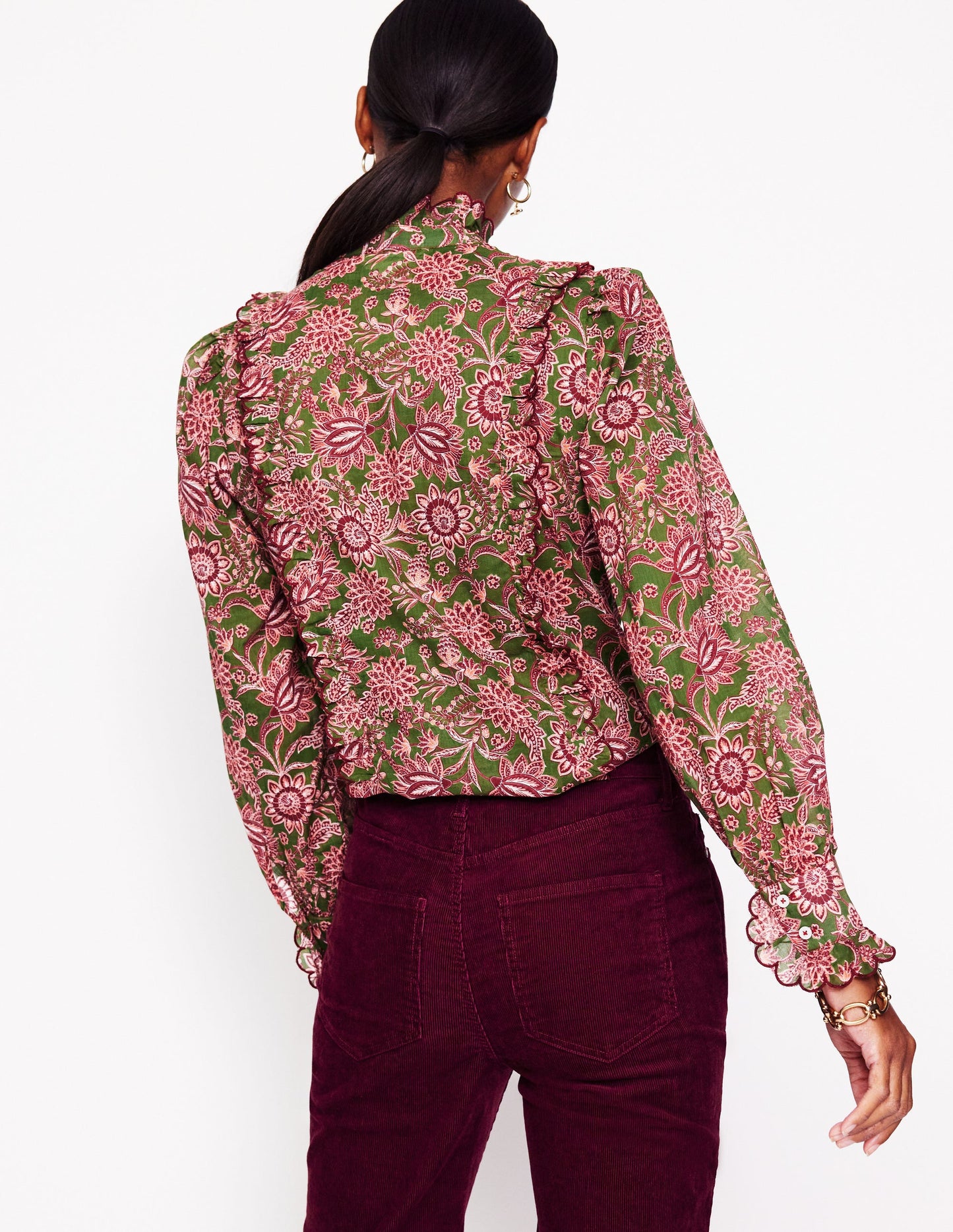 Ruffled Cotton Blouse-Chive, Ornate Bud