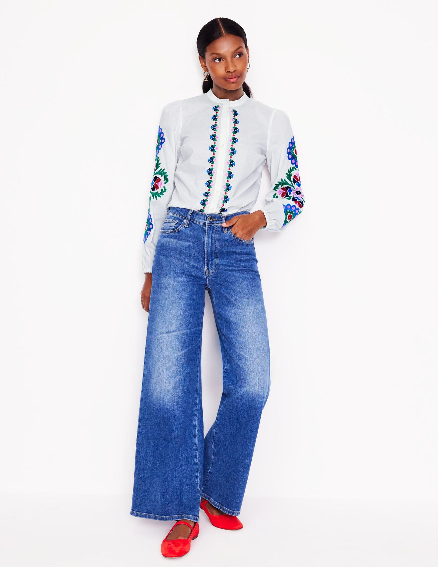 Embroidery Interest Top-White Multi Embroidery