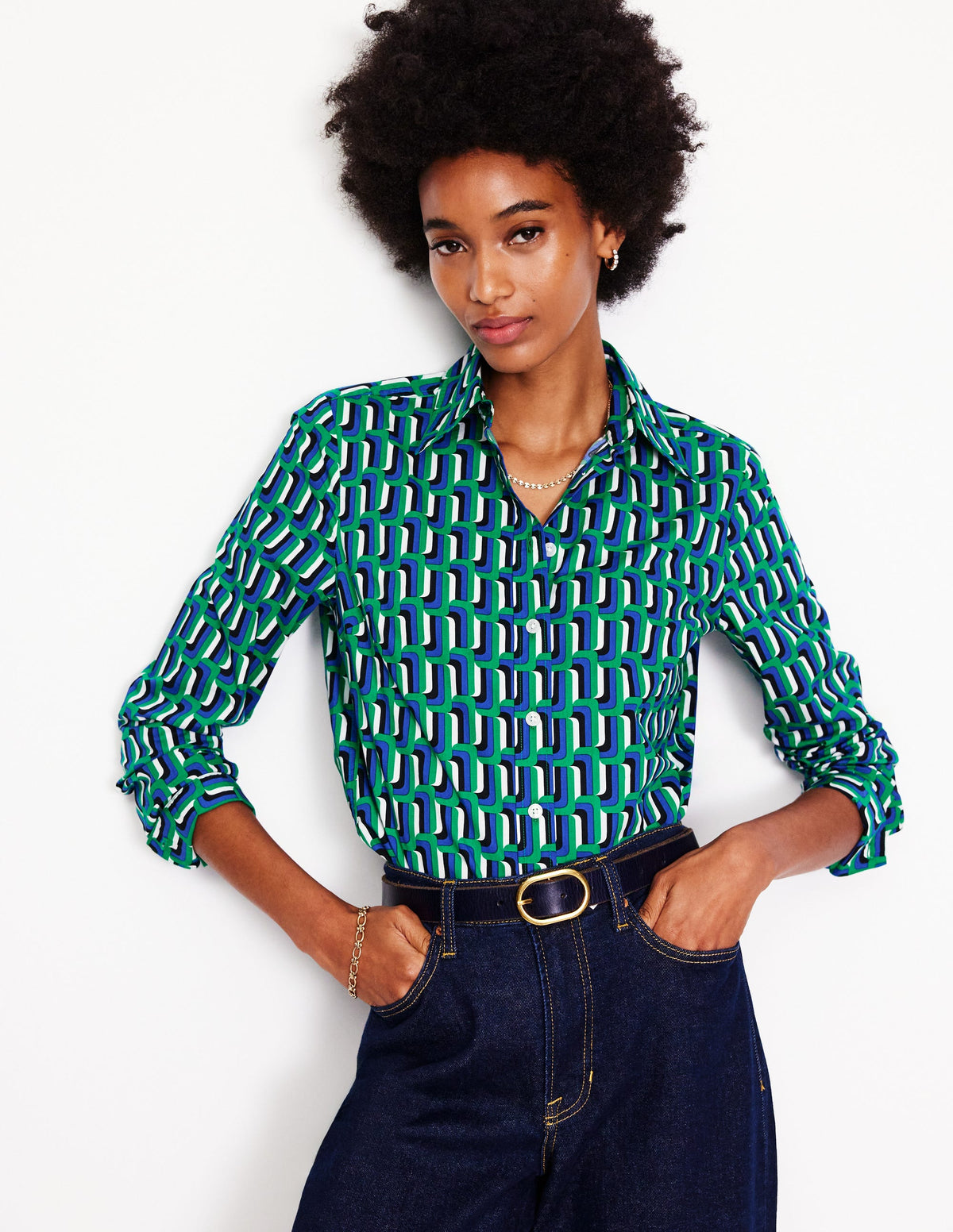 Sienna Cotton Shirt-Green and Blue, Falling Geo - Image 1