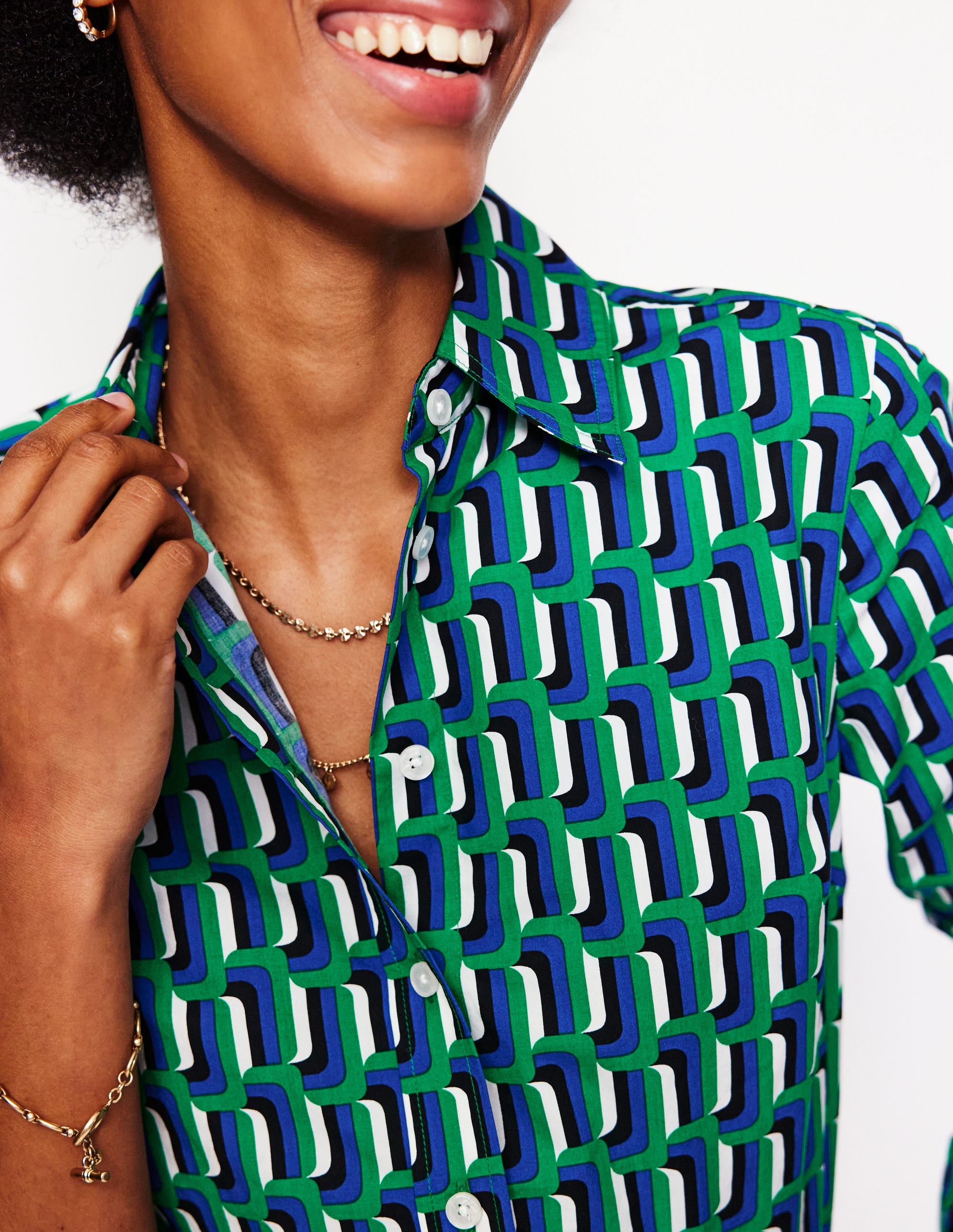 Sienna Cotton Shirt-Green and Blue, Falling Geo - Image 2