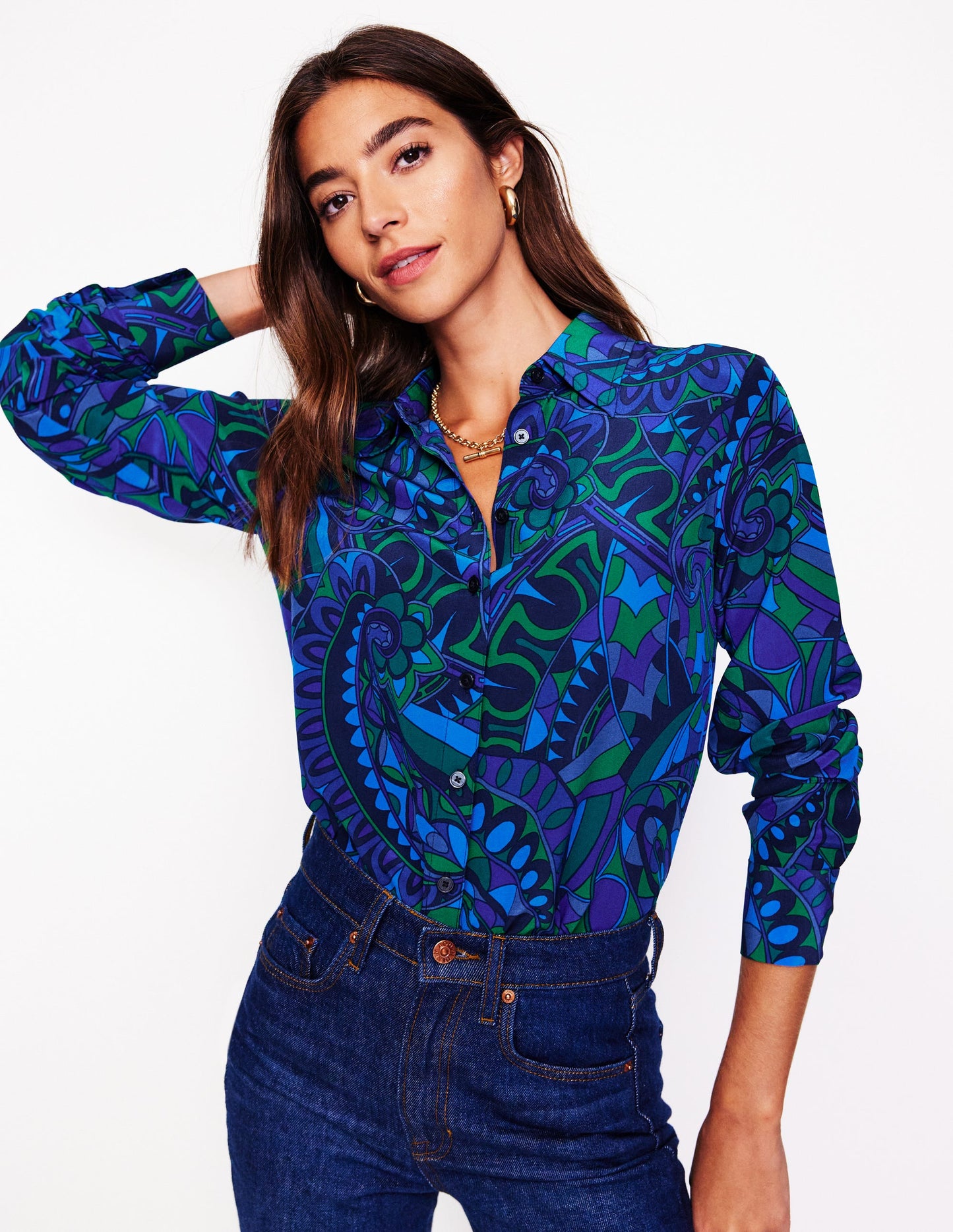 Sienna Silk Shirt-Blue, Kaleidoscopic Paisley