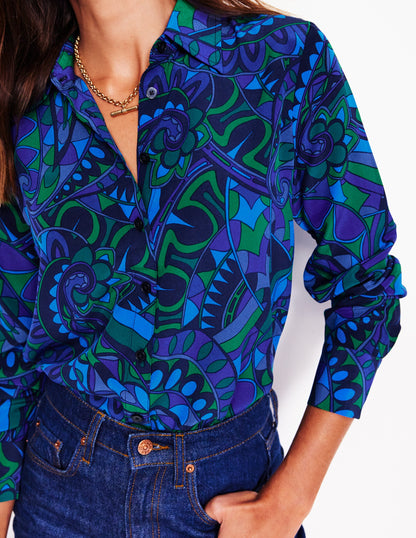 Sienna Silk Shirt-Blue, Kaleidoscopic Paisley