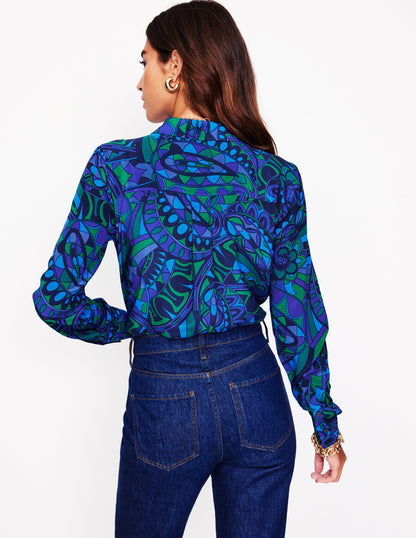 Sienna Silk Shirt-Blue, Kaleidoscopic Paisley