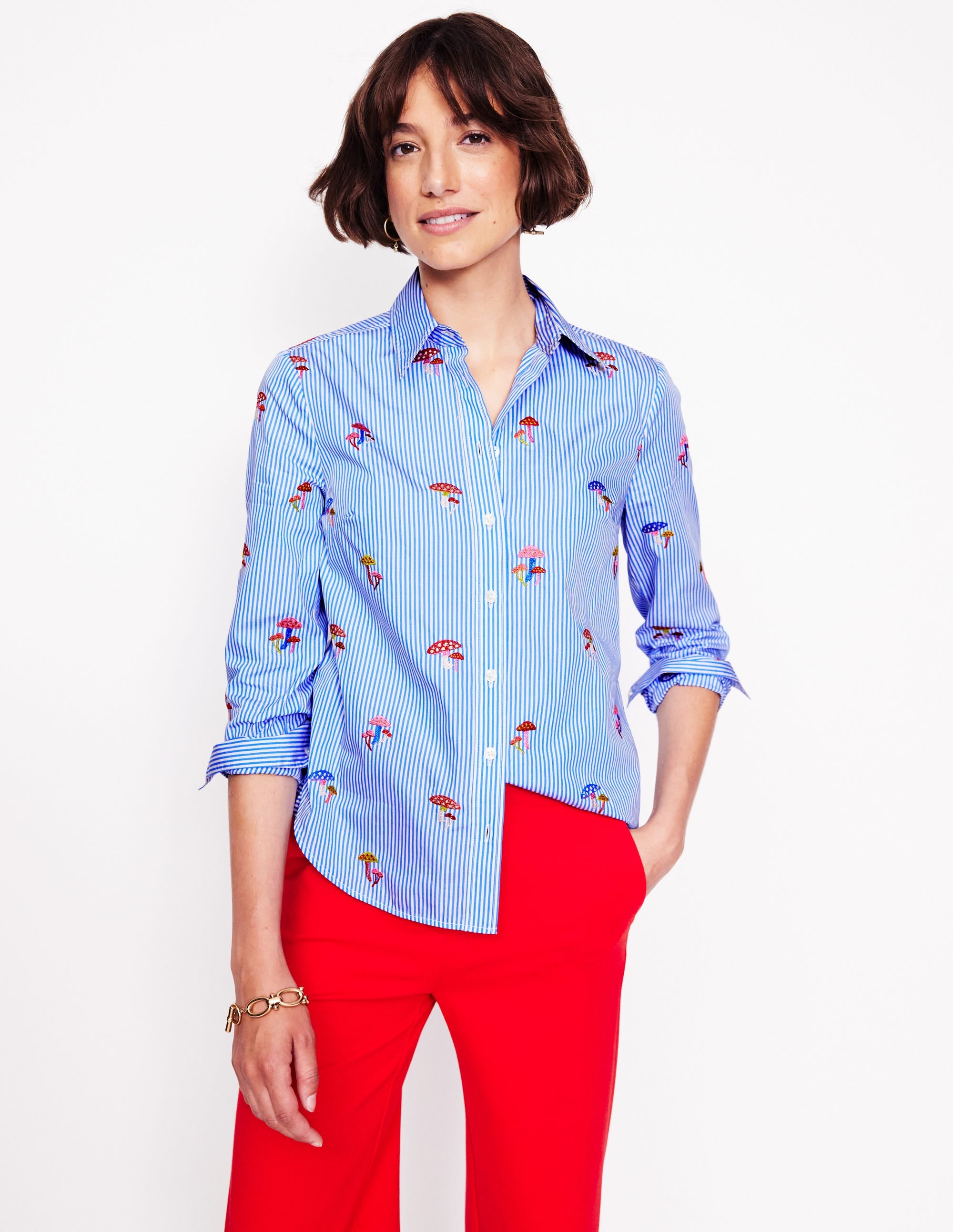 Sienna Interest Cotton Shirt-Mushroom, Blue Stripe - Image 1
