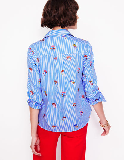 Sienna Embroidered Shirt-Mushroom, Blue Stripe