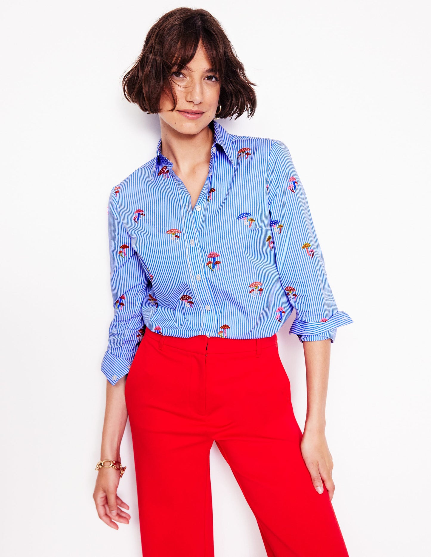 Sienna Embroidered Shirt-Mushroom, Blue Stripe