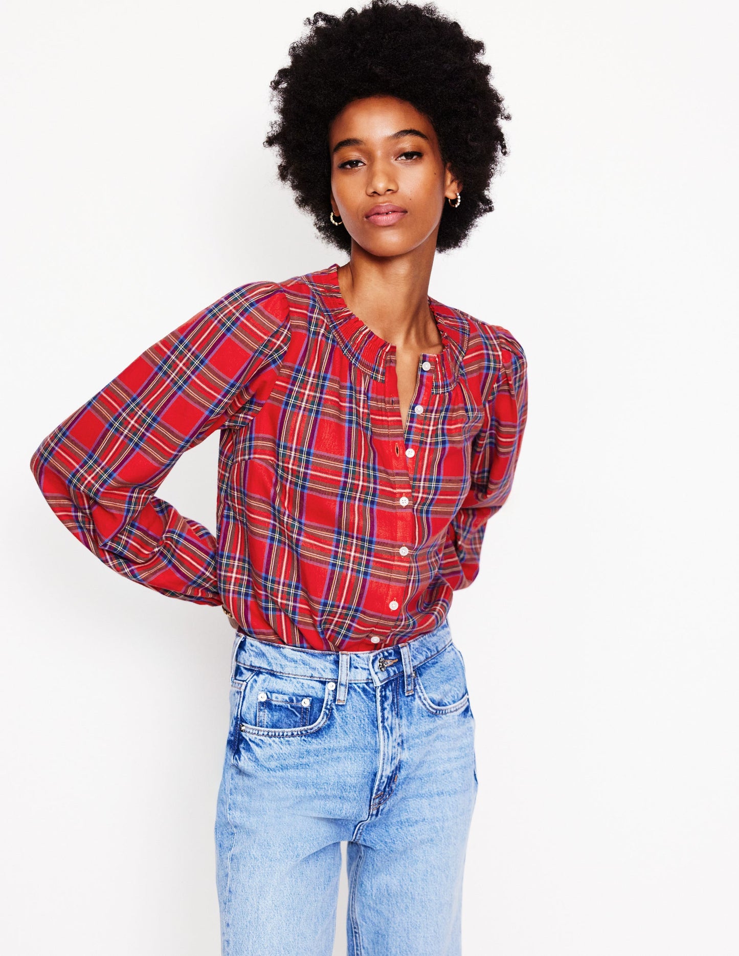 Mae Cotton Smocked Blouse-Red and Blue Check