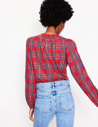 Mae Cotton Smocked Blouse-Red and Blue Check