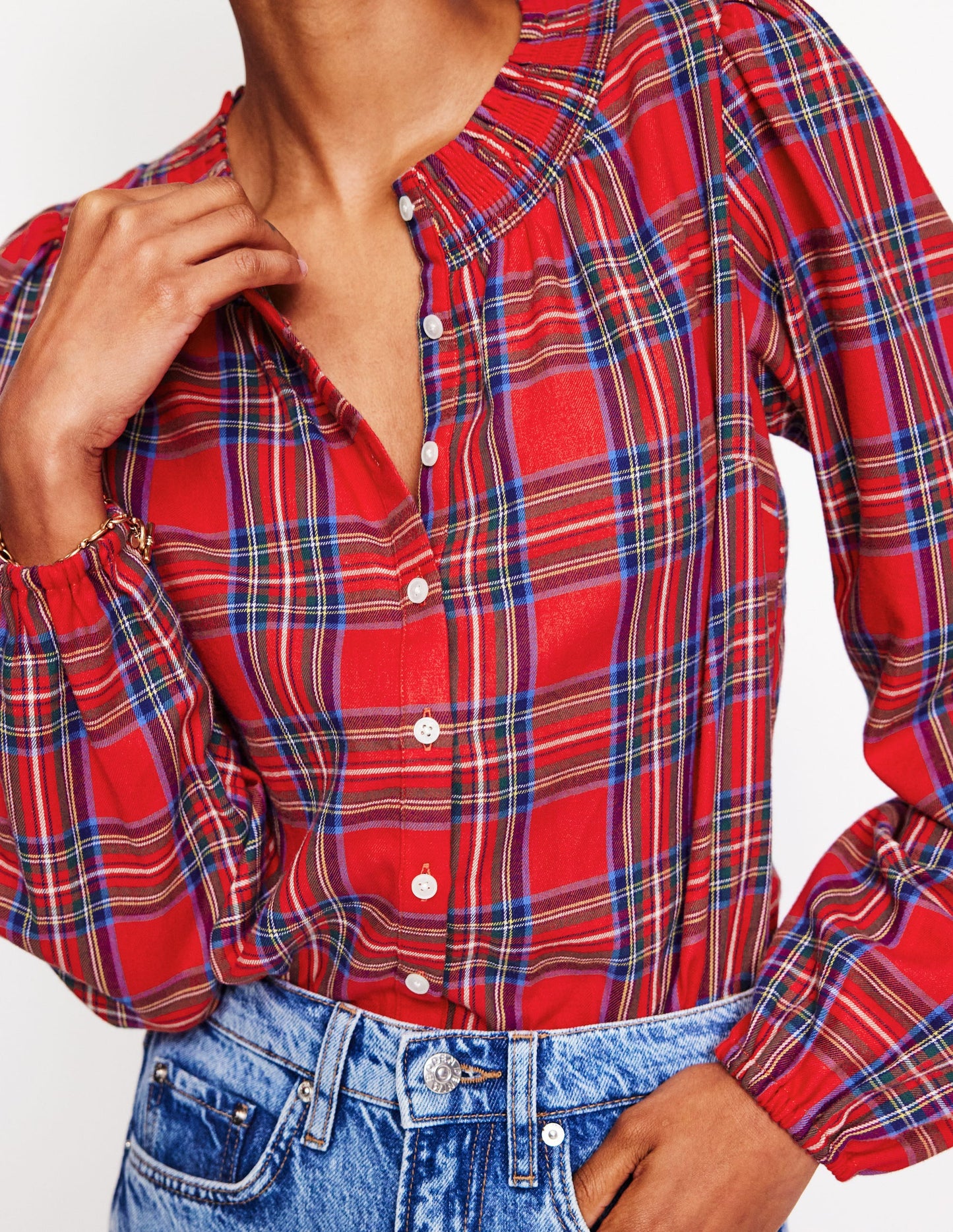 Mae Cotton Smocked Blouse-Red and Blue Check