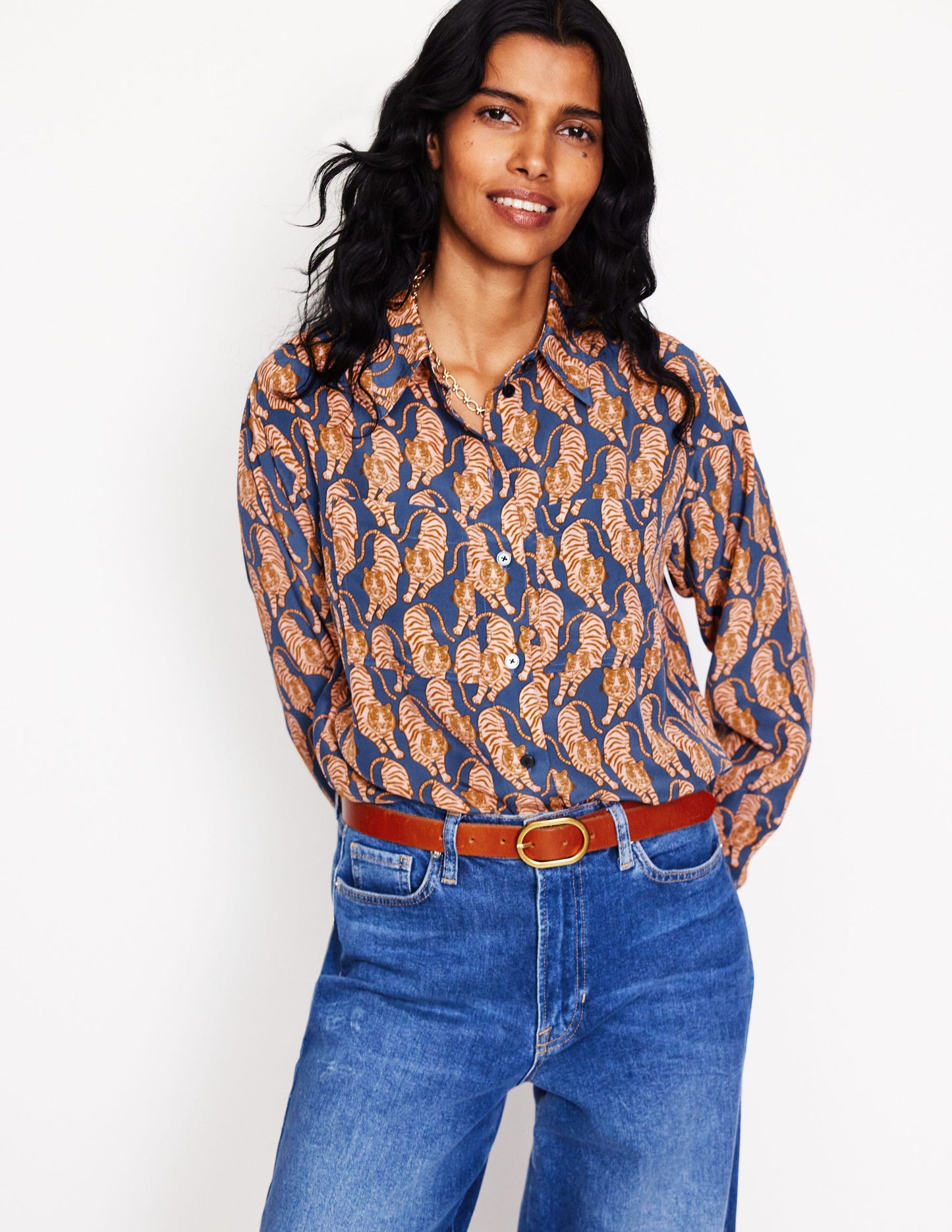 Connie Relaxed Silk Shirt-Denim Blue, Tiger