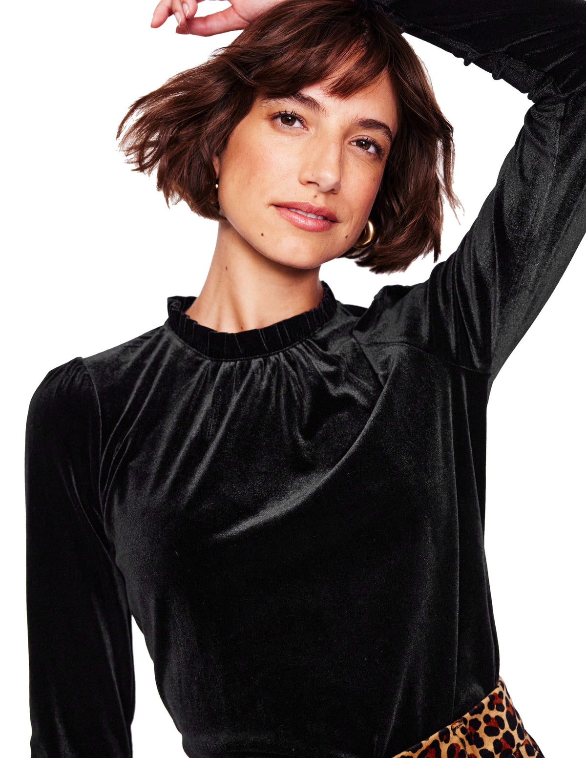 Velvet Frill Neck Top-Black - Image 1