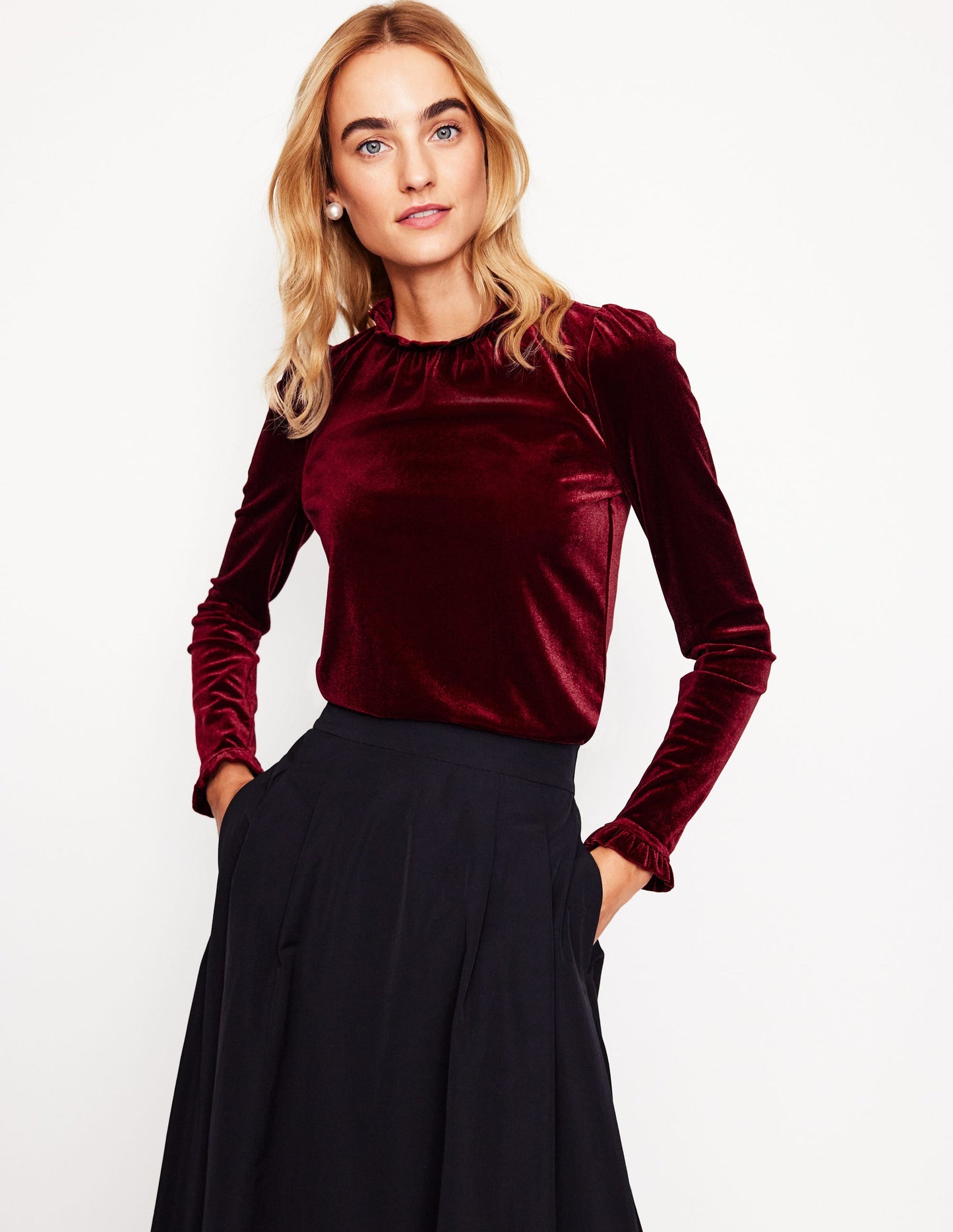 Velvet Frill Neck Top-Cabernet