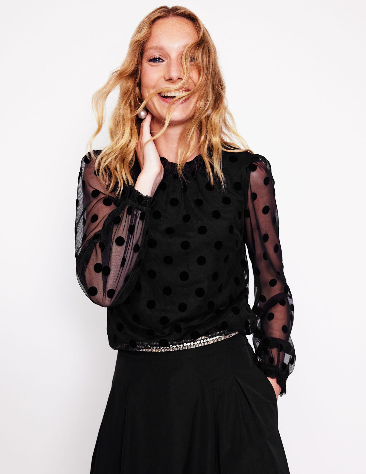 Tulle Blouson Sleeve Top-Black - Image 4