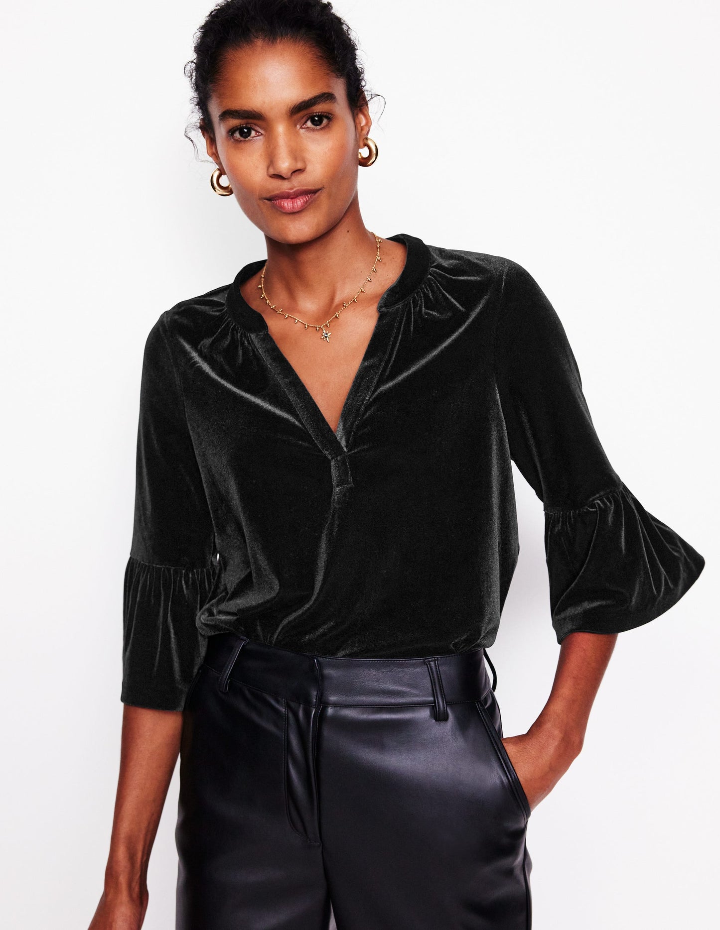 Notch Neck Frill Velvet Top-Black