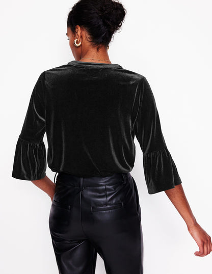 Notch Neck Frill Velvet Top-Black