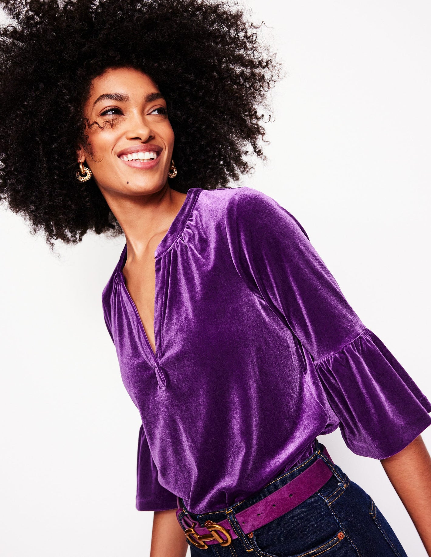 Notch Neck Frill Velvet Top-Viola