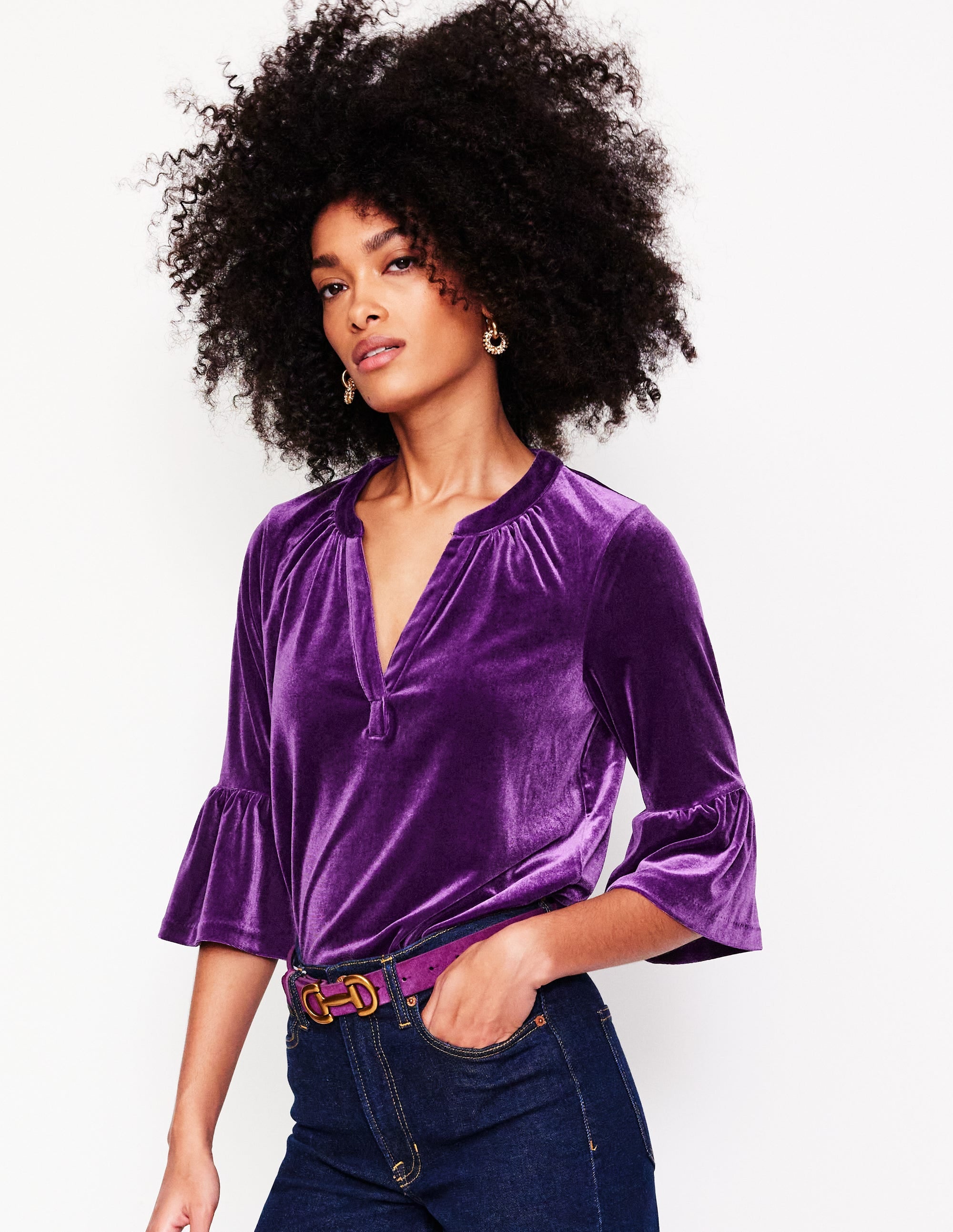 Notch Neck Frill Velvet Top-Viola - Image 2