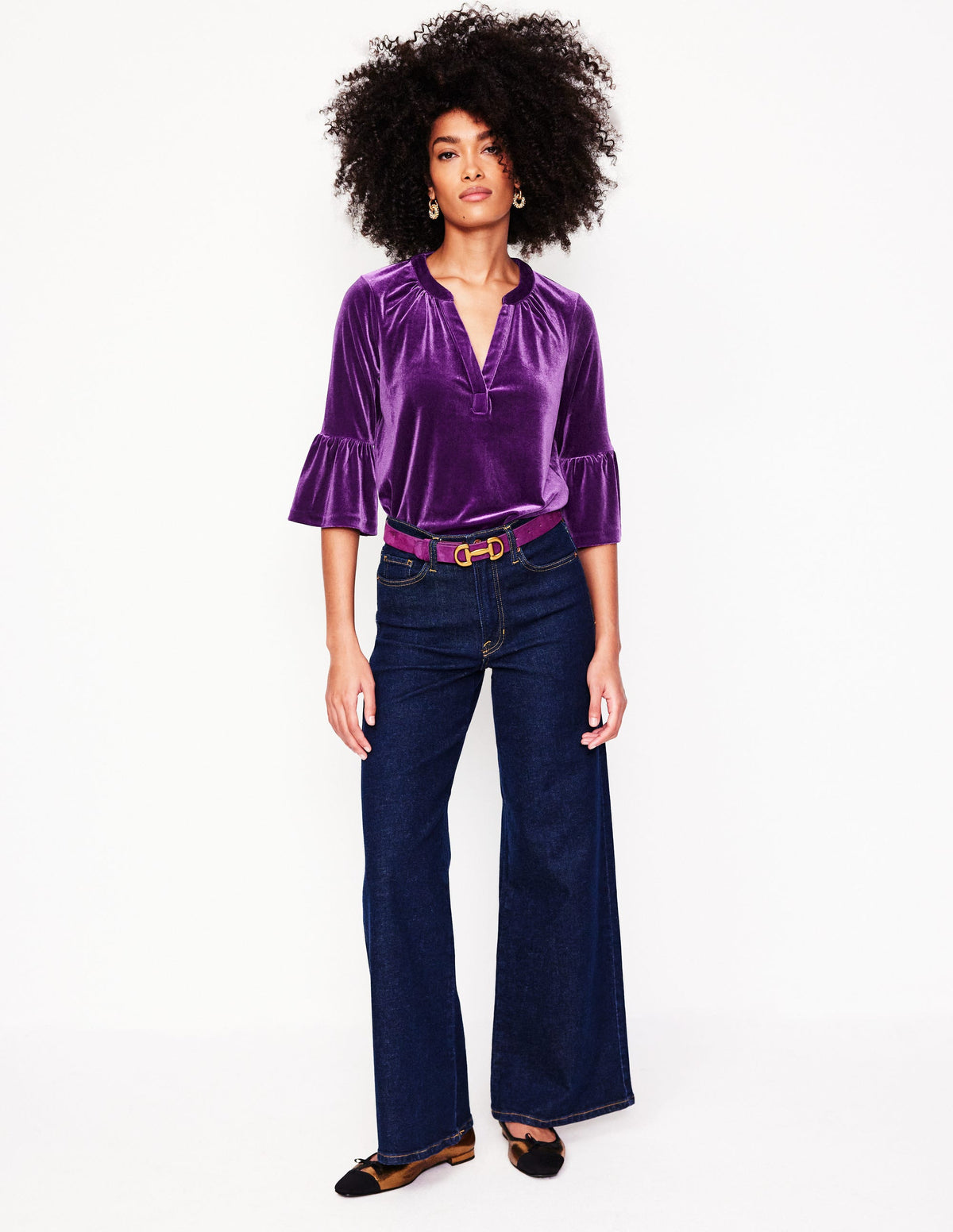 Notch Neck Frill Velvet Top-Viola - Image 4