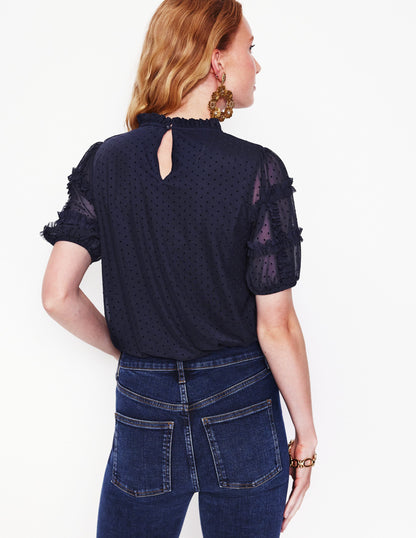 Short-Sleeve Spotty Tulle Top-Midnight Blue