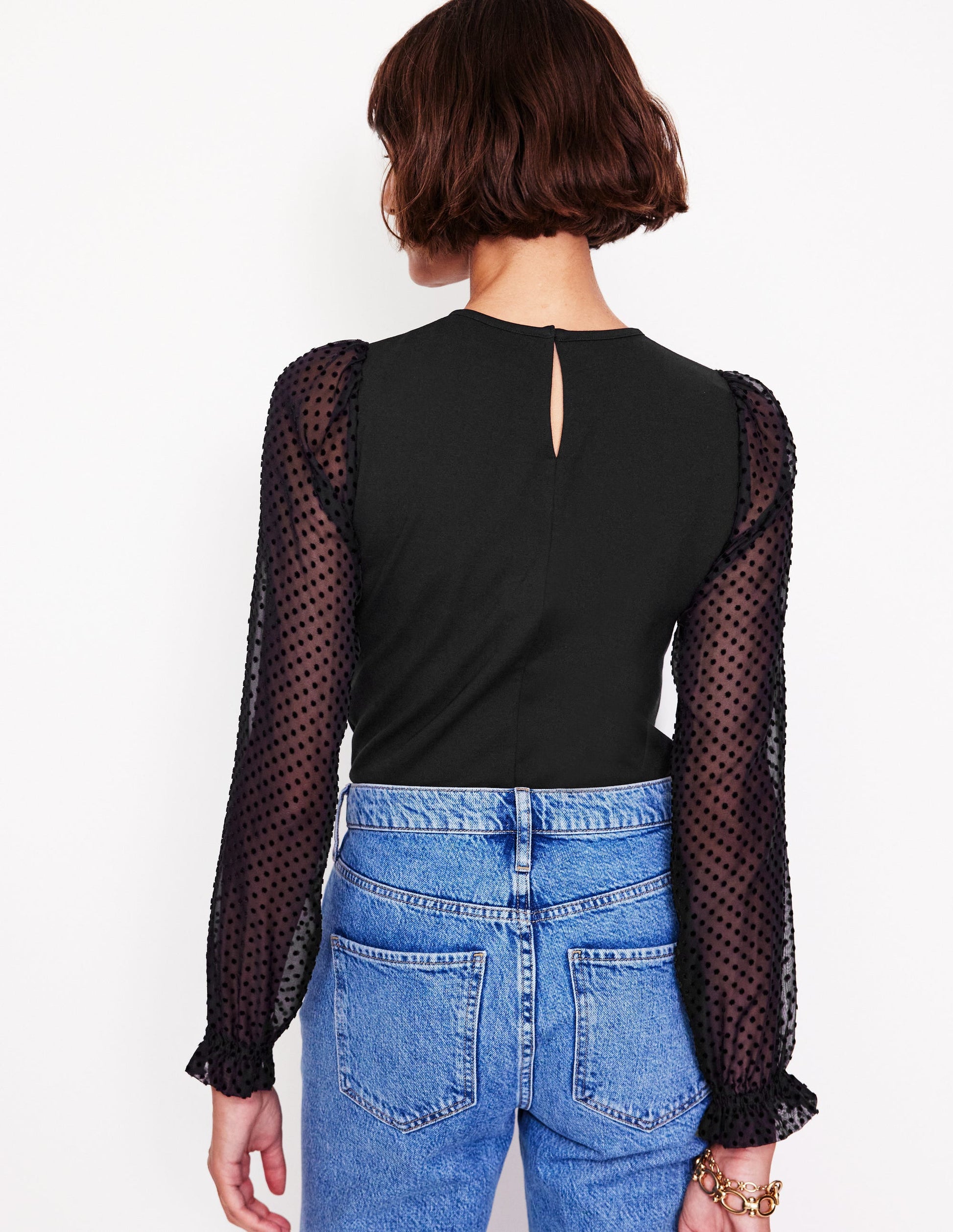 Crew Neck Sleeve Detail Top-Black-3