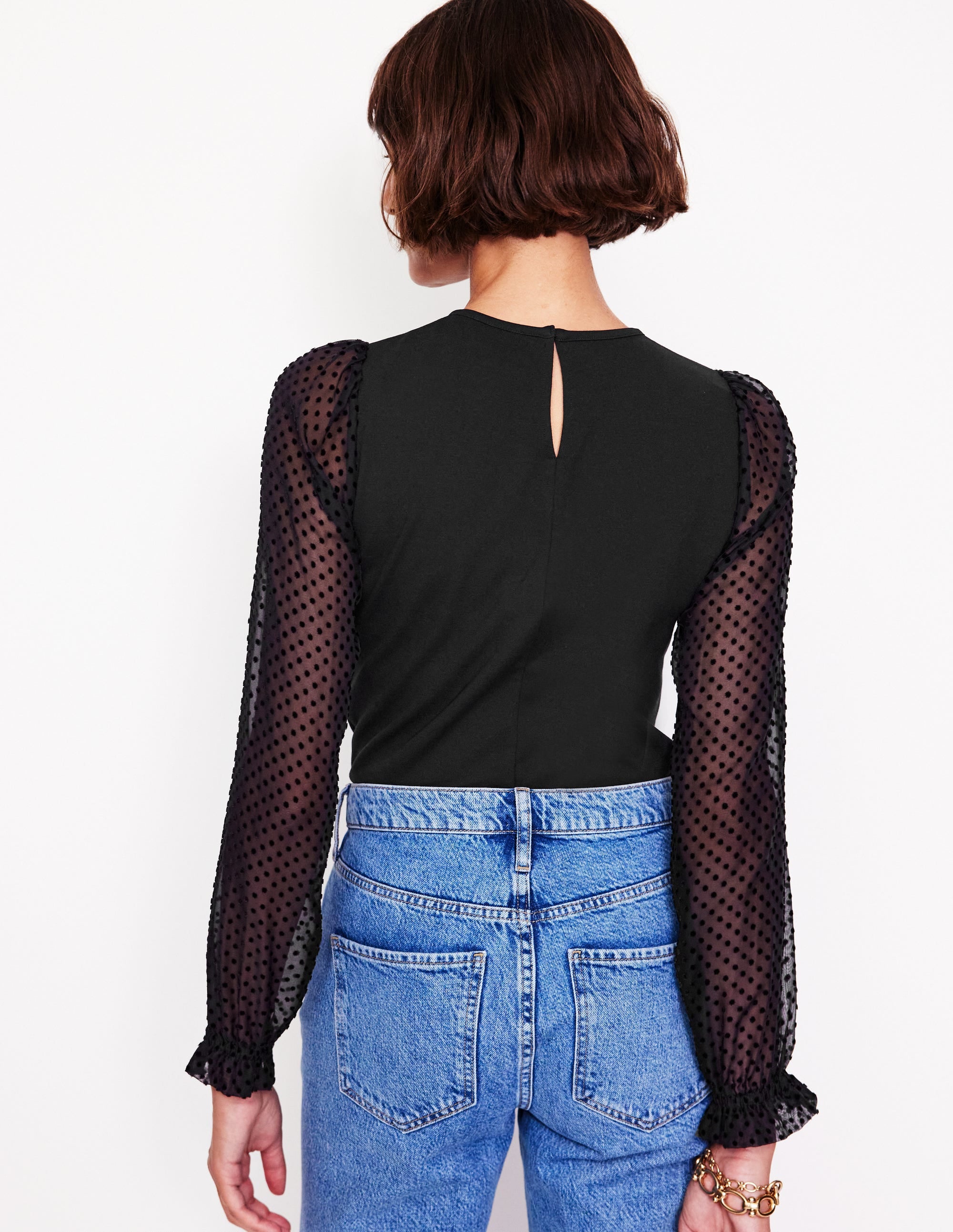 Crew Neck Sleeve Detail Top-Black - Image 3