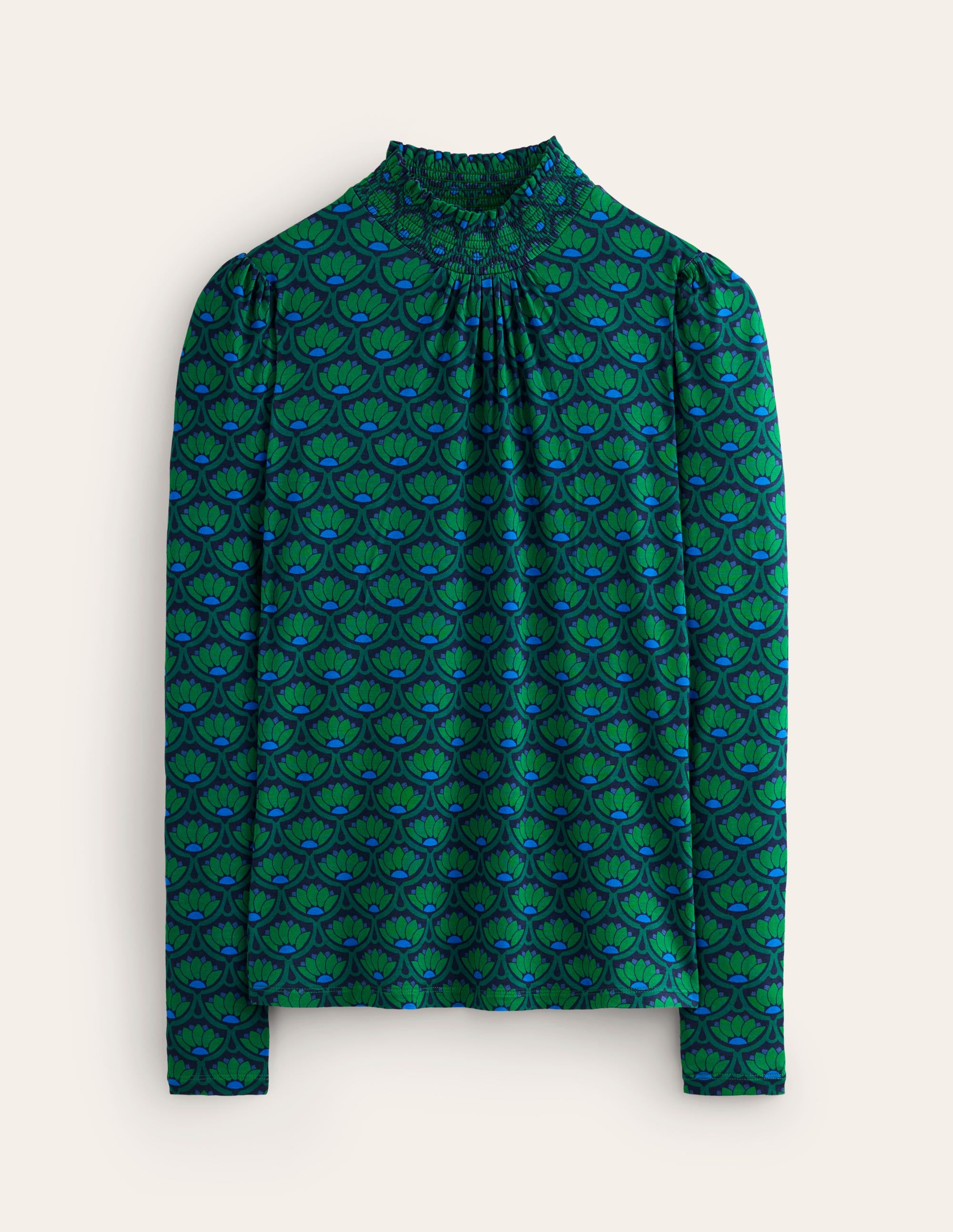 Smocked Neck Printed Top-Rich Emerald, Lotus Stamp - Image 5