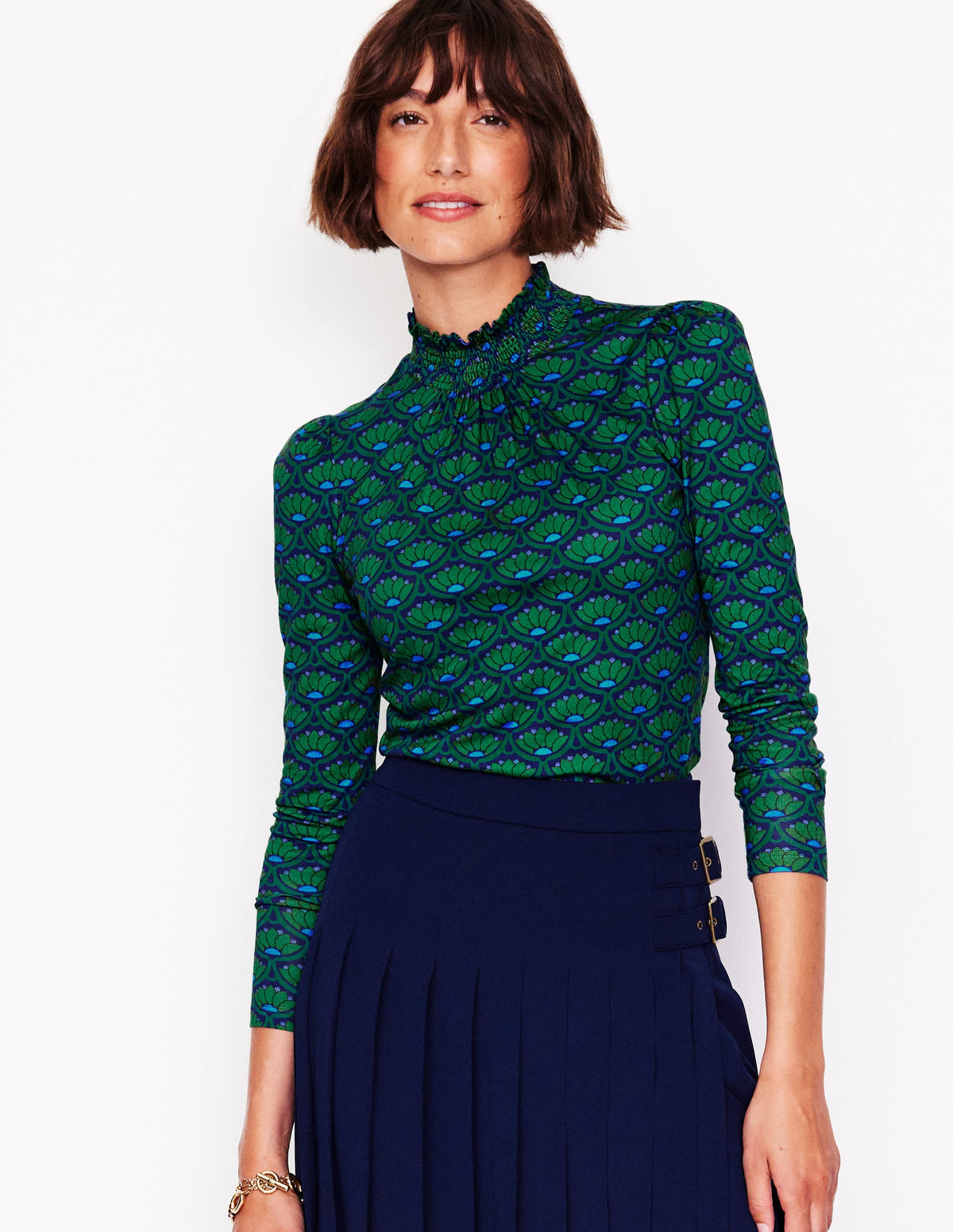Smocked Neck Printed Top-Rich Emerald, Lotus Stamp - Image 1