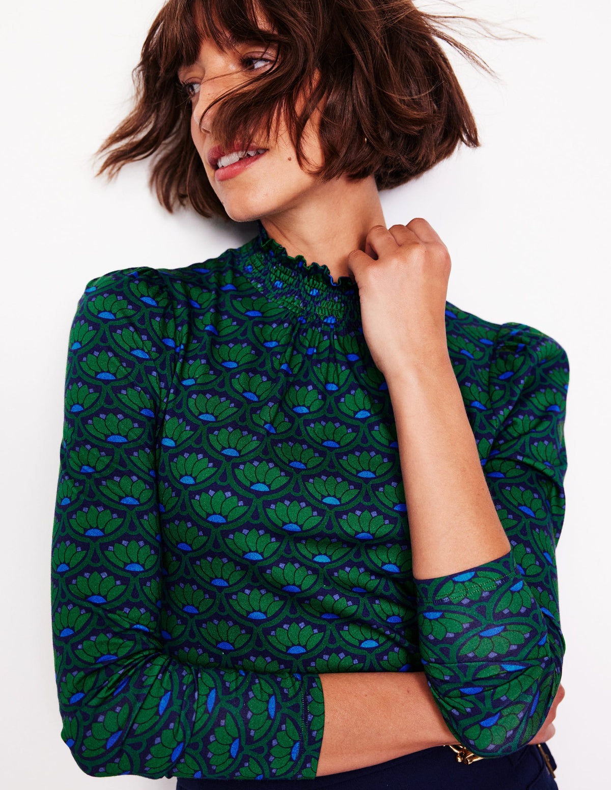 Smocked Neck Printed Top-Rich Emerald, Lotus Stamp - Image 2