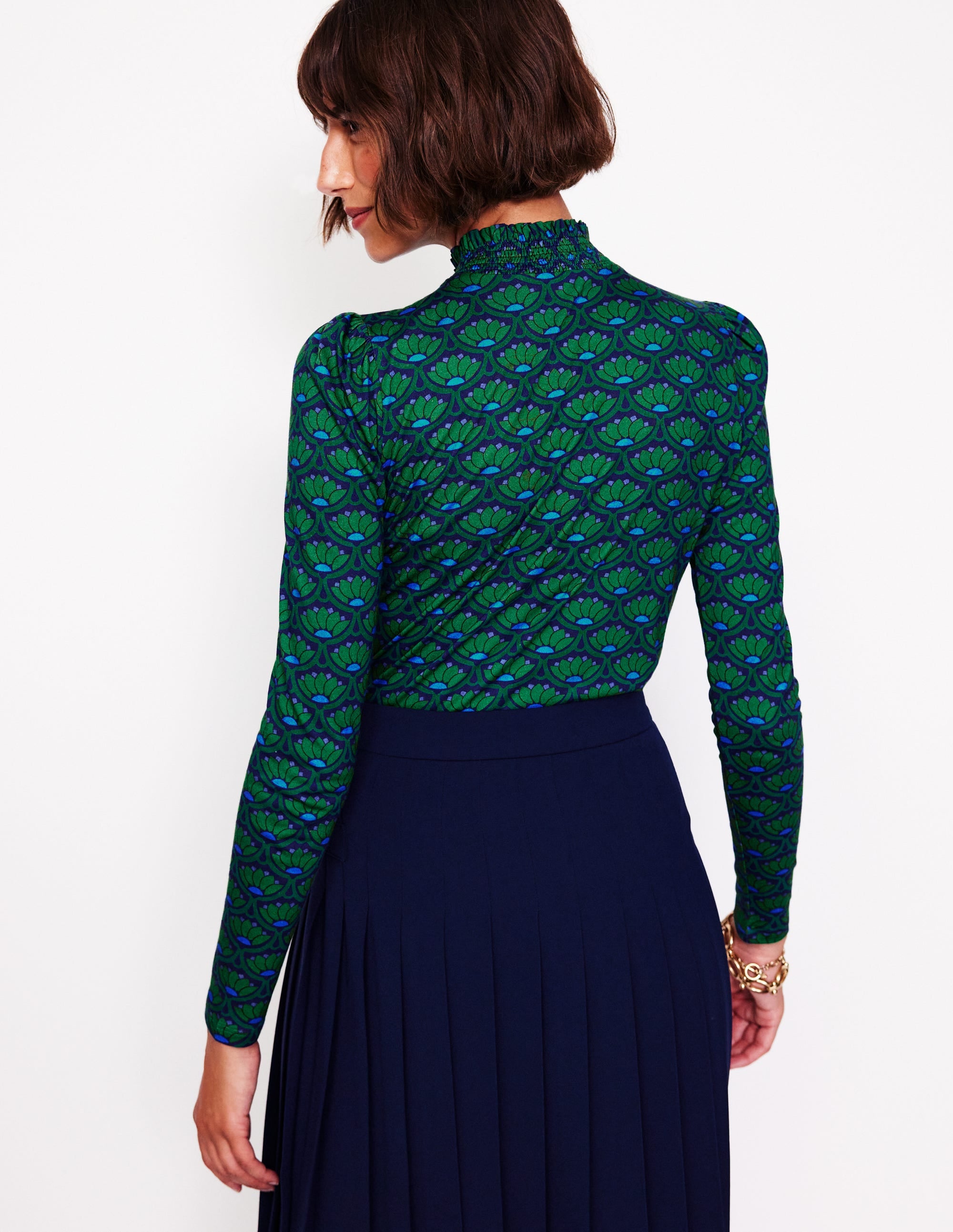Smocked Neck Printed Top-Rich Emerald, Lotus Stamp - Image 3