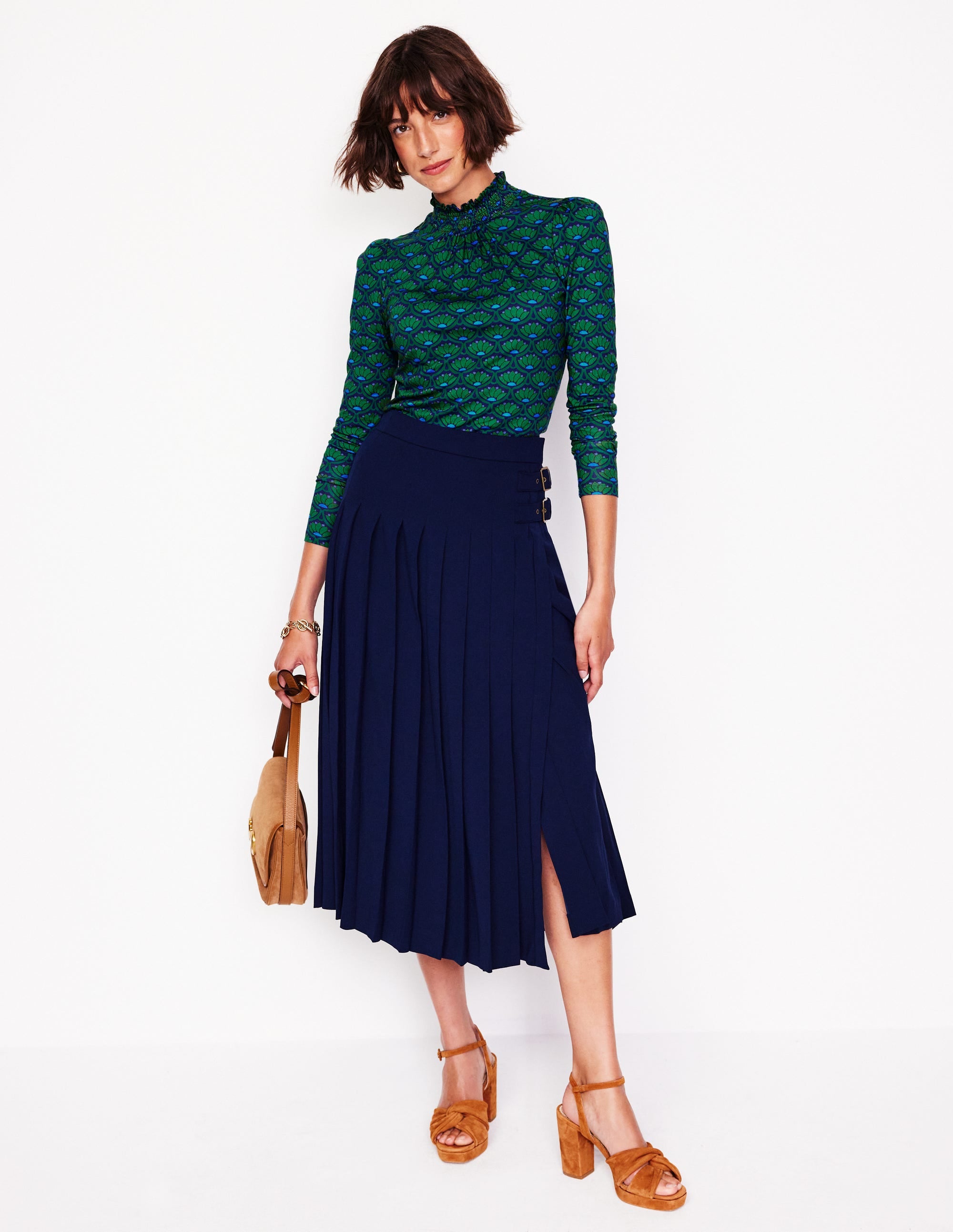 Smocked Neck Printed Top-Rich Emerald, Lotus Stamp - Image 4
