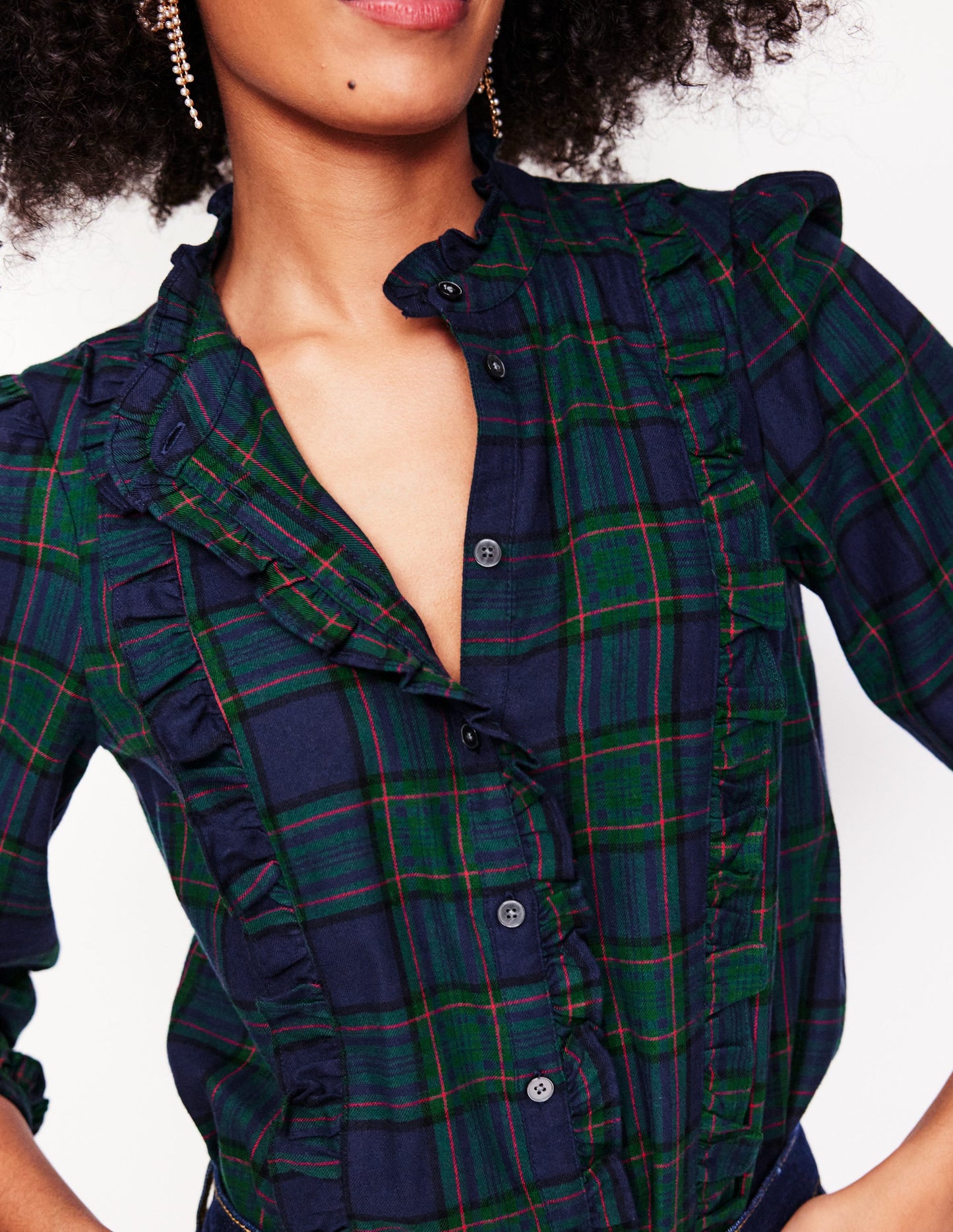 Isla Frill Detail Blouse-Navy and Green Check