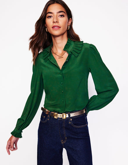 Ruffle Collar Silk Blouse-Pine