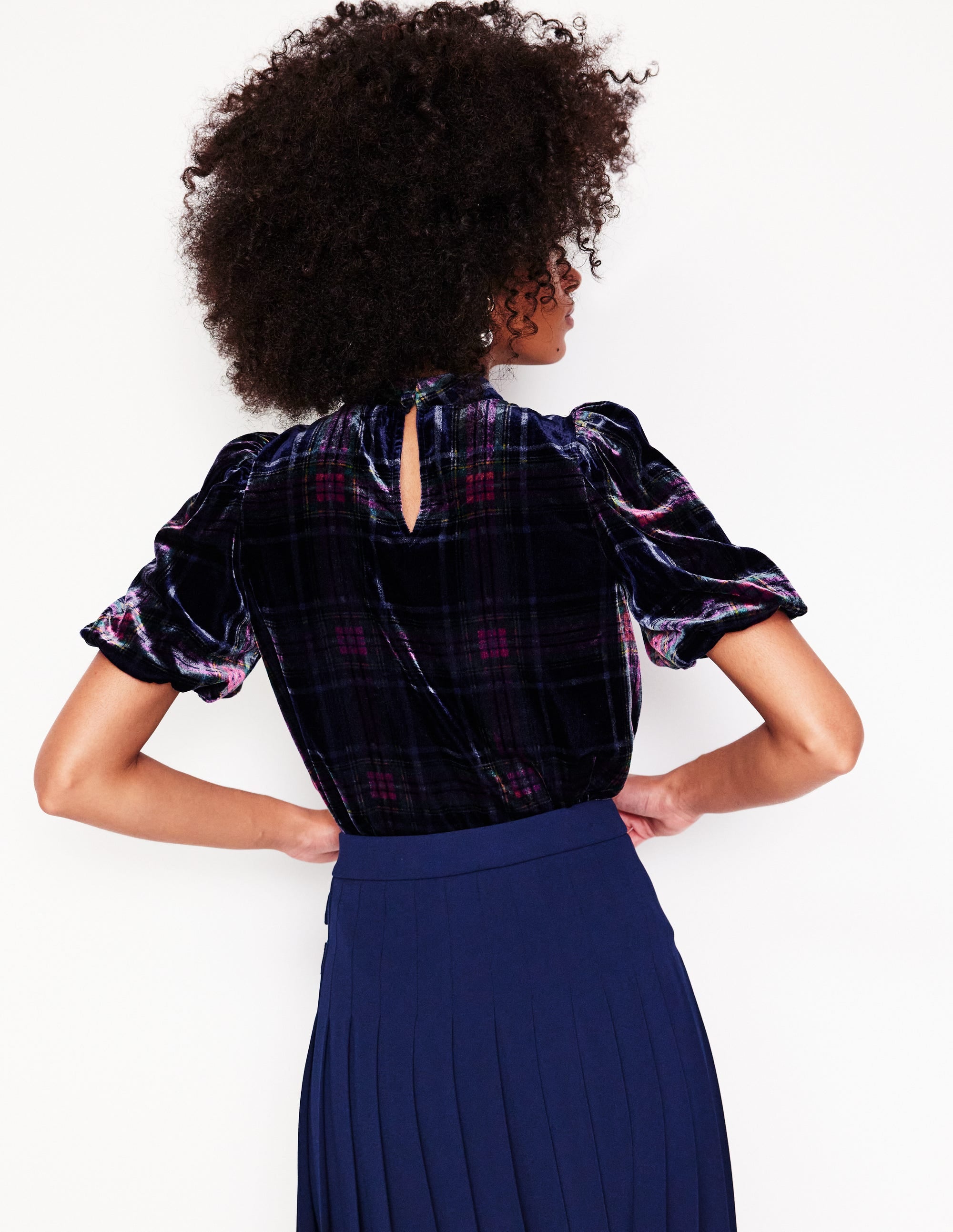 Puff Sleeve Velvet Top-Navy and Red Check - Image 3
