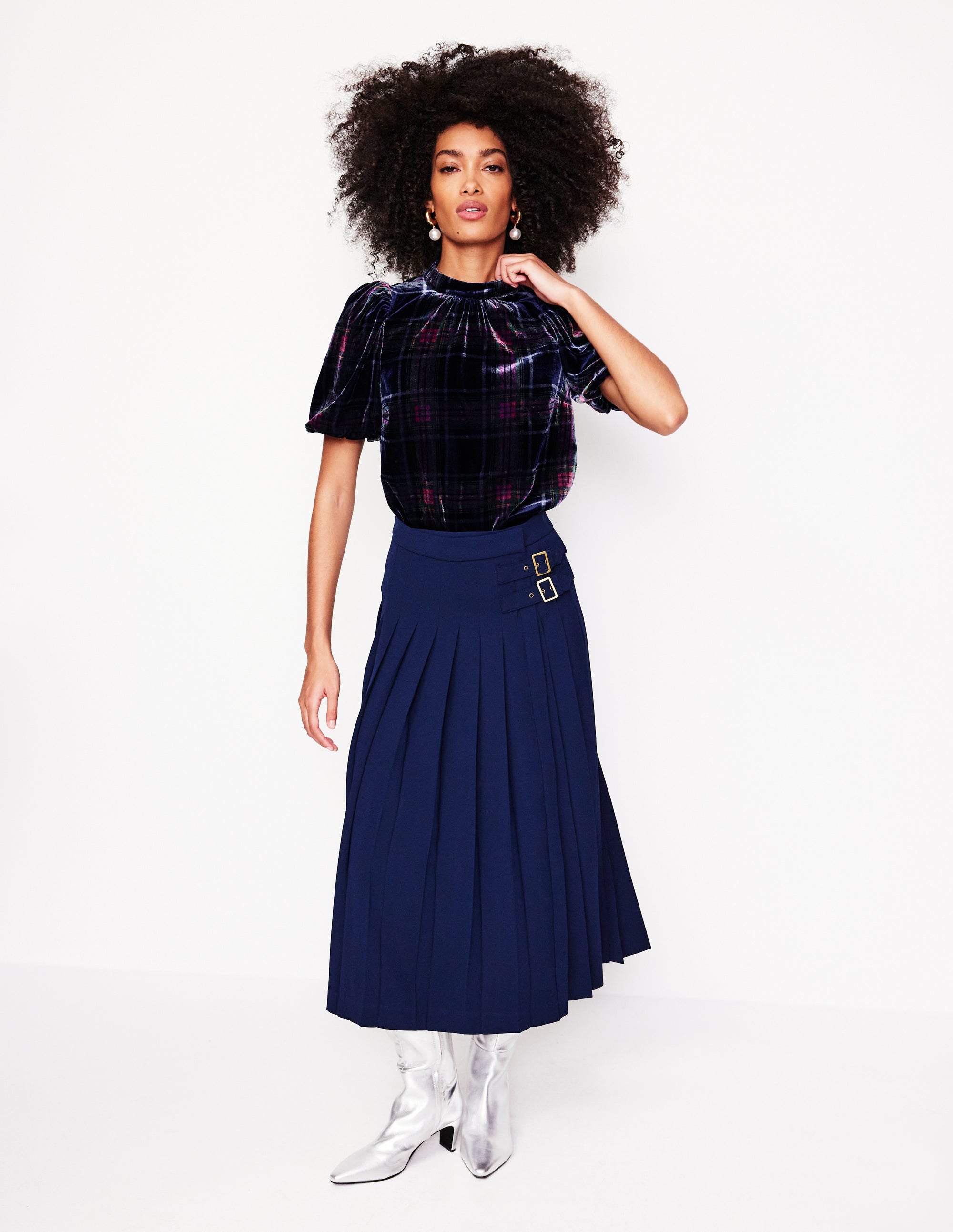 Puff Sleeve Velvet Top-Navy and Red Check - Image 4