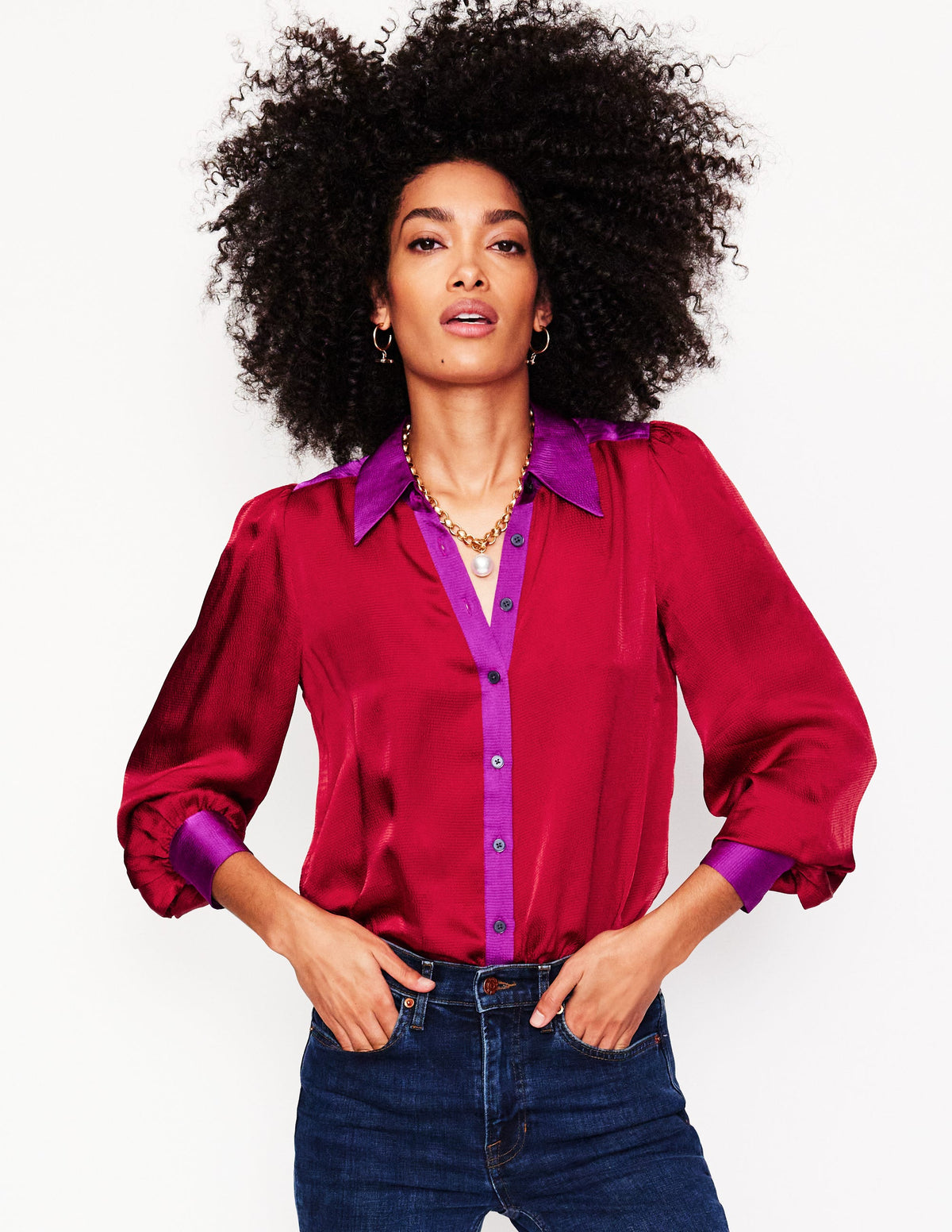 Satin Party Shirt-Cabernet Colourblock - Image 2
