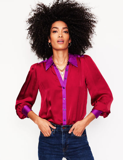 Satin Party Shirt-Cabernet Colourblock