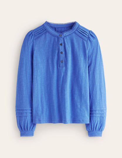 Henrietta Pintuck Henley Top-Blue Jay