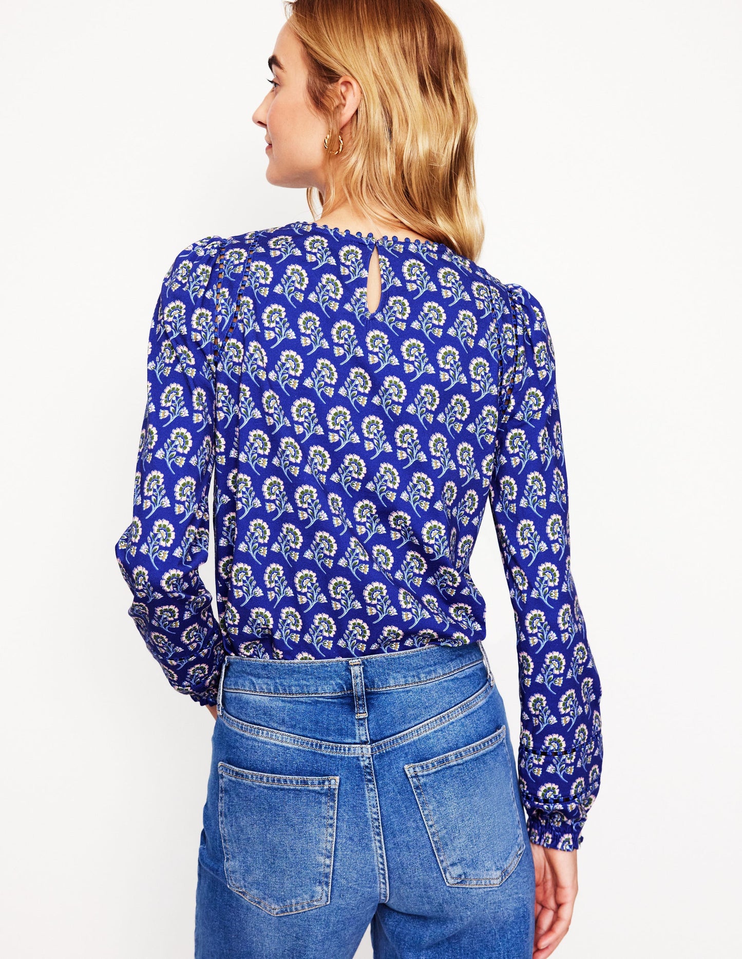 Mila Long Sleeve Top-Sapphire Blue, Azalea Sprig