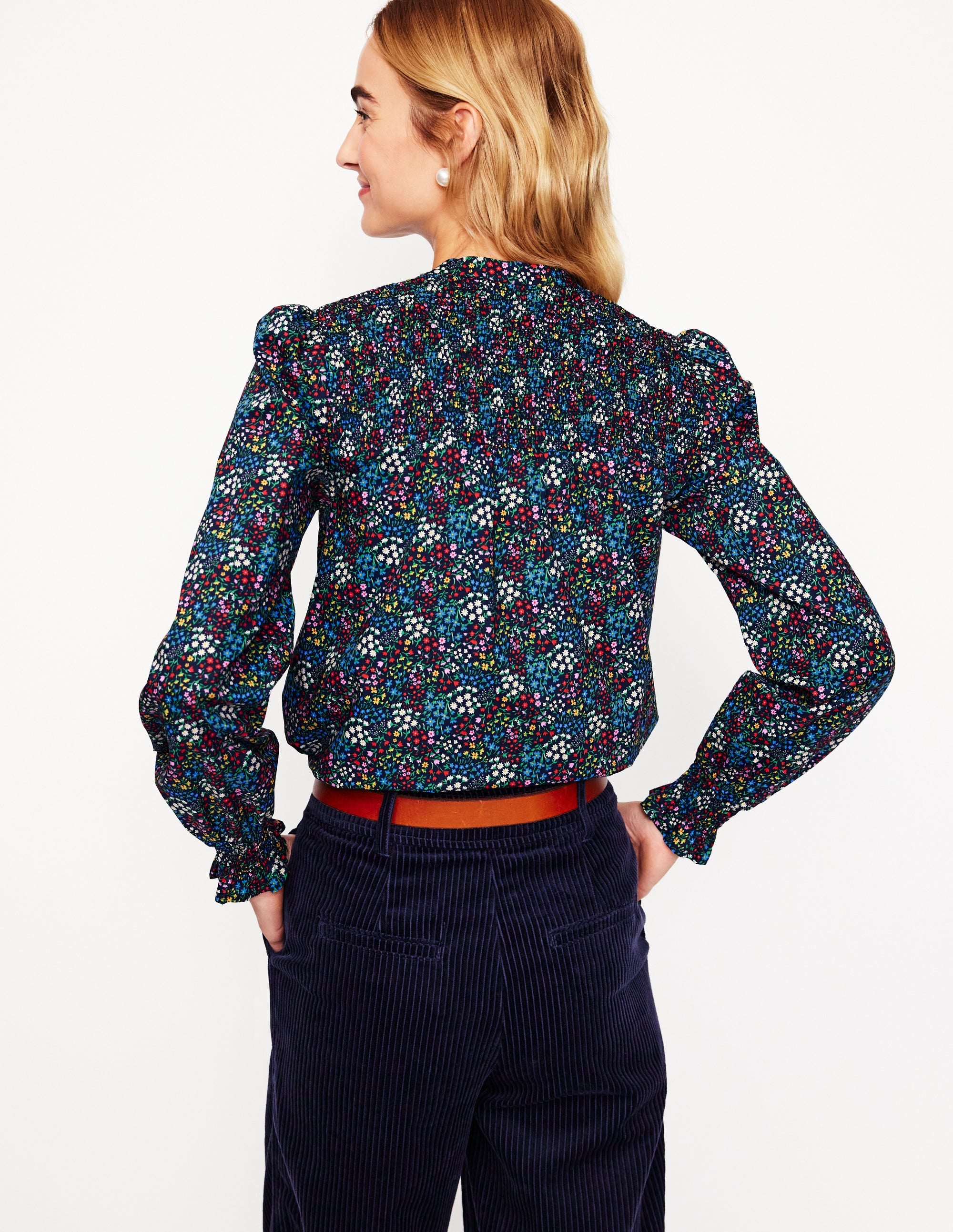 Smocked Yoke Cotton Blouse-French Navy, Bud Scatter - Image 3