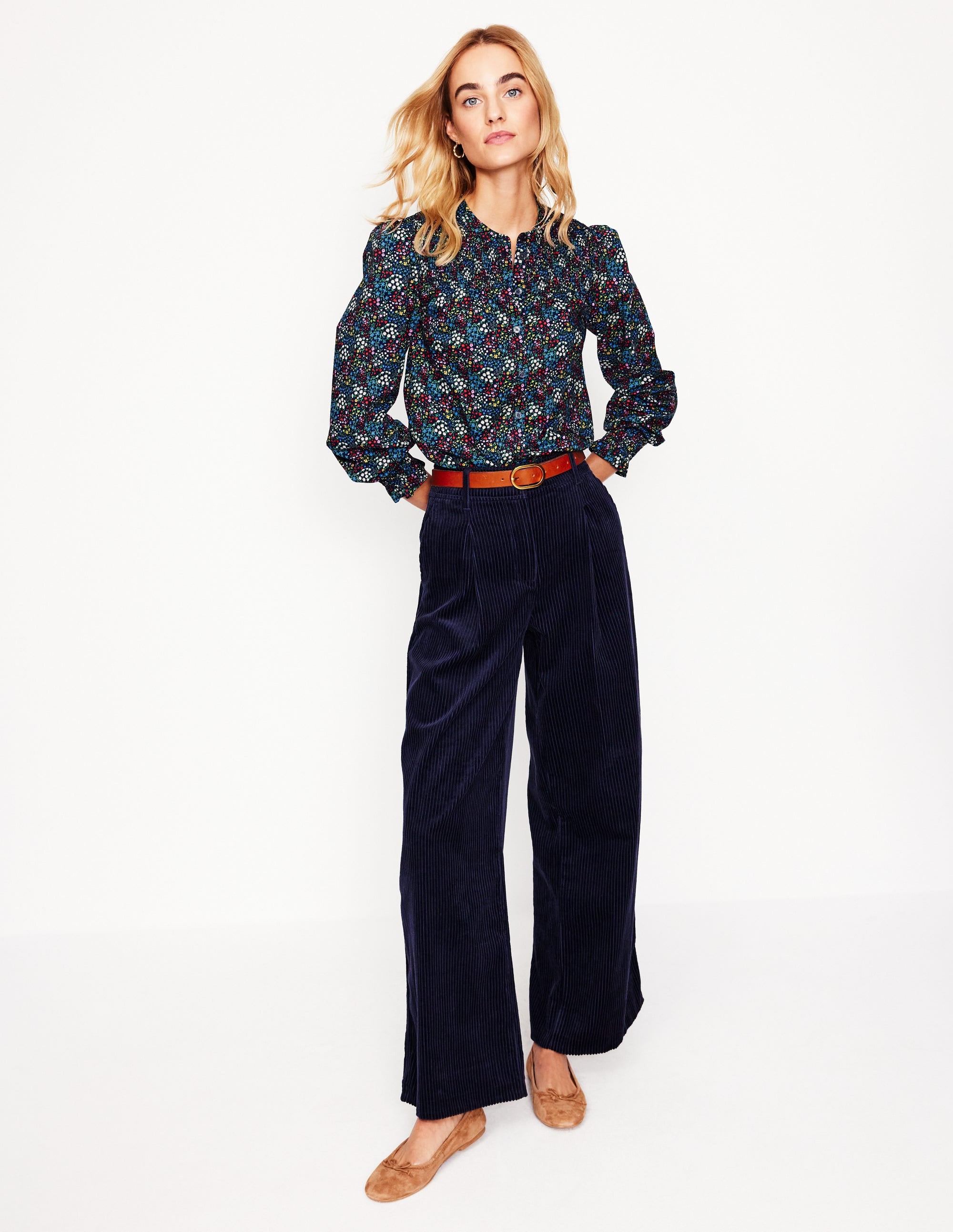 Smocked Yoke Cotton Blouse-French Navy, Bud Scatter - Image 4
