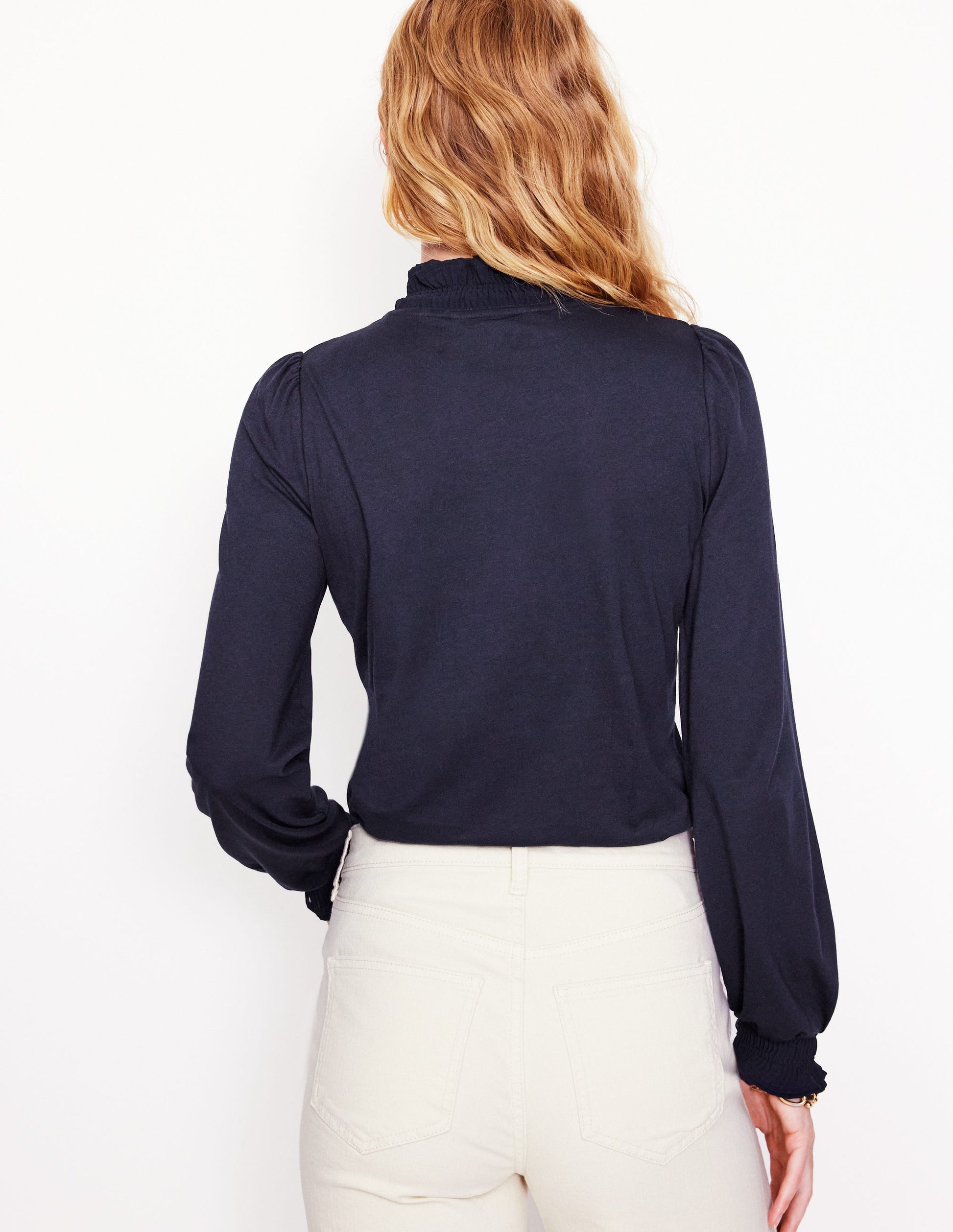 Woven Frill Supersoft Top-Navy-3