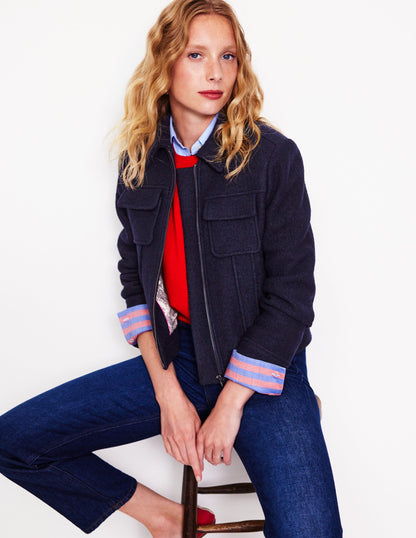 Wool Zip Through Jacket-Navy