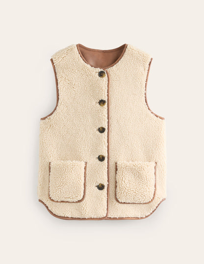 Clerkenwell Borg Button Gilet-Natural Faux Fur