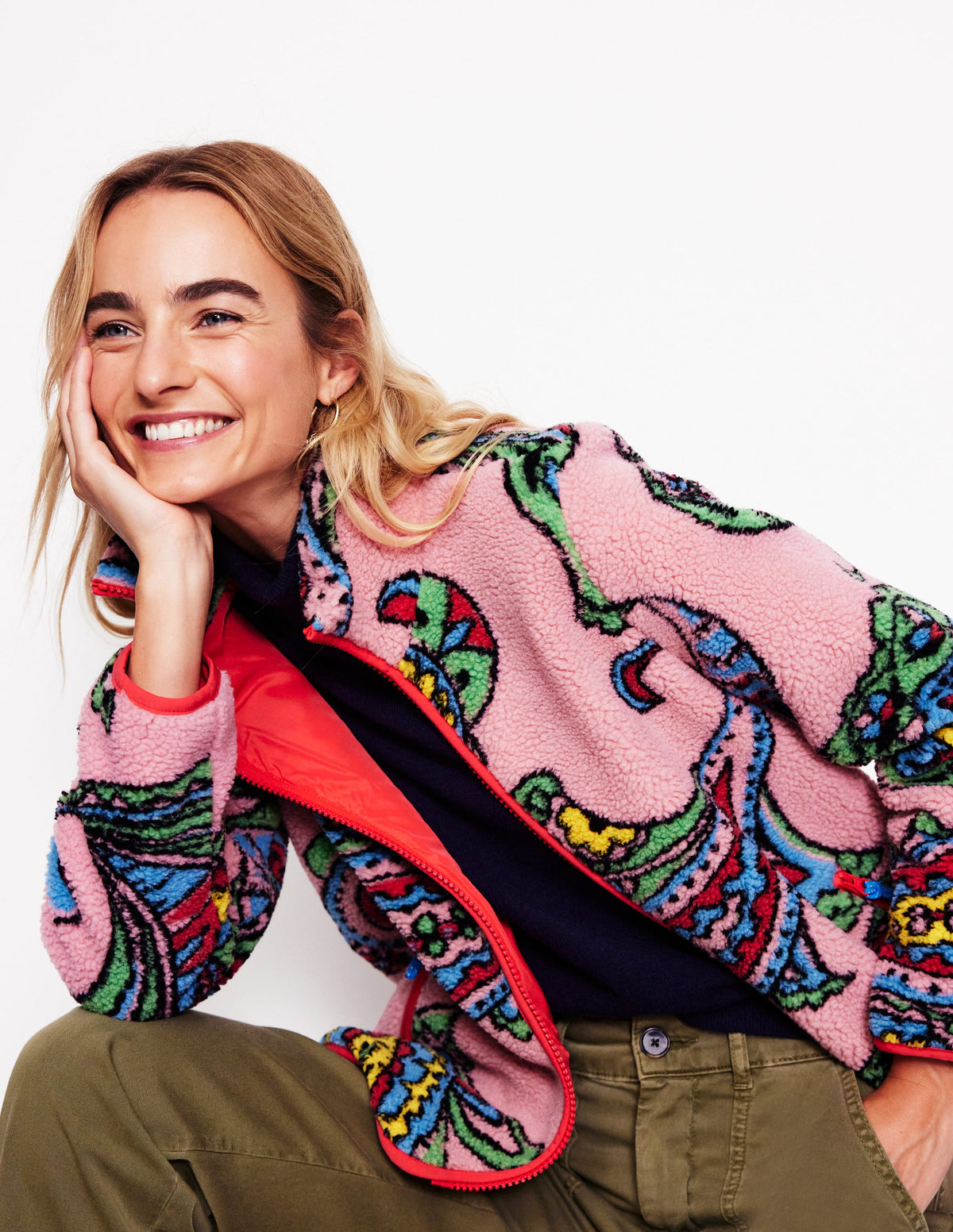 Truro Borg Fleece Jacket-Charm Pink, Paisley Wave Large - Image 1