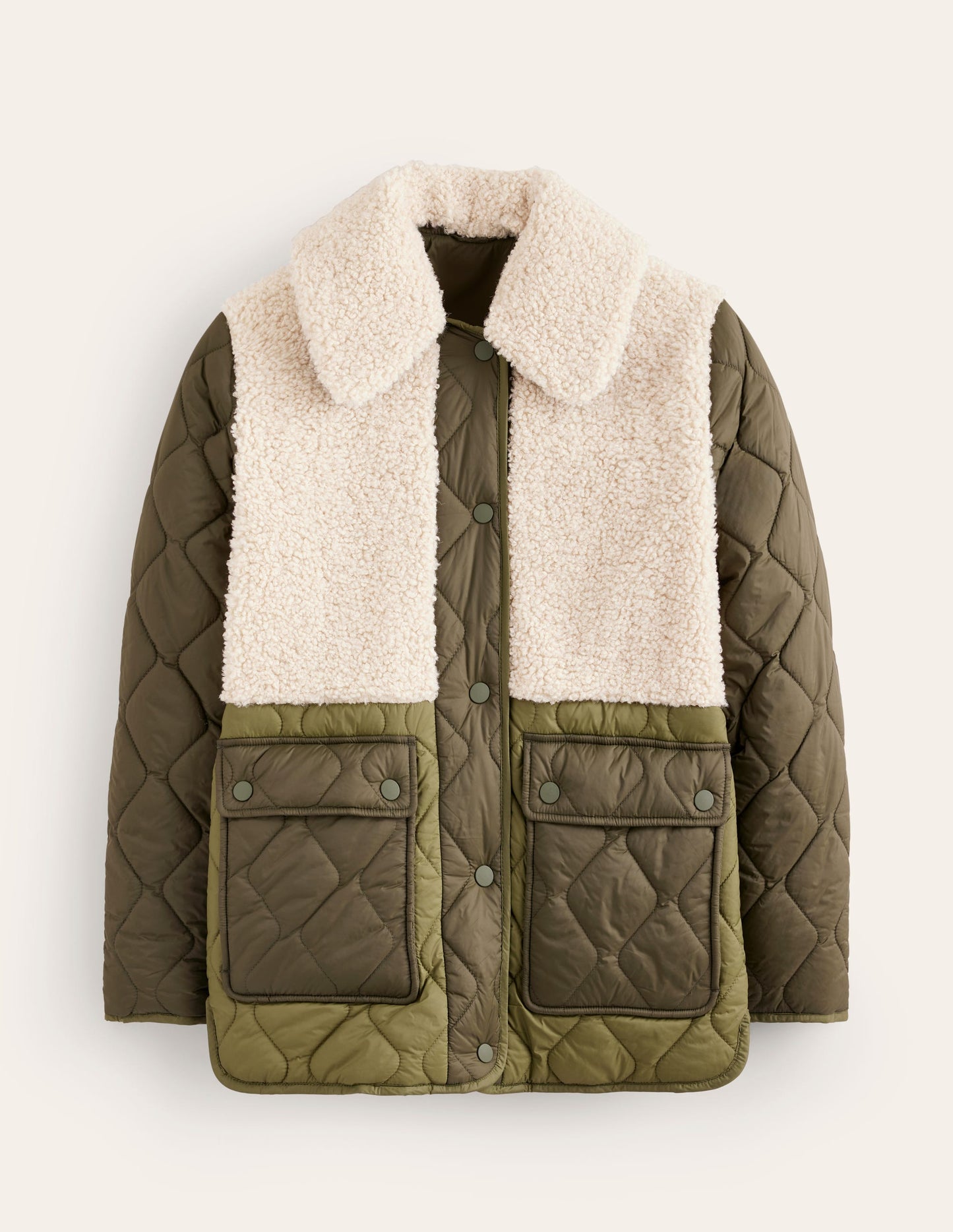 Chester Quilted Borg Coat-Winter Moss, Ivory